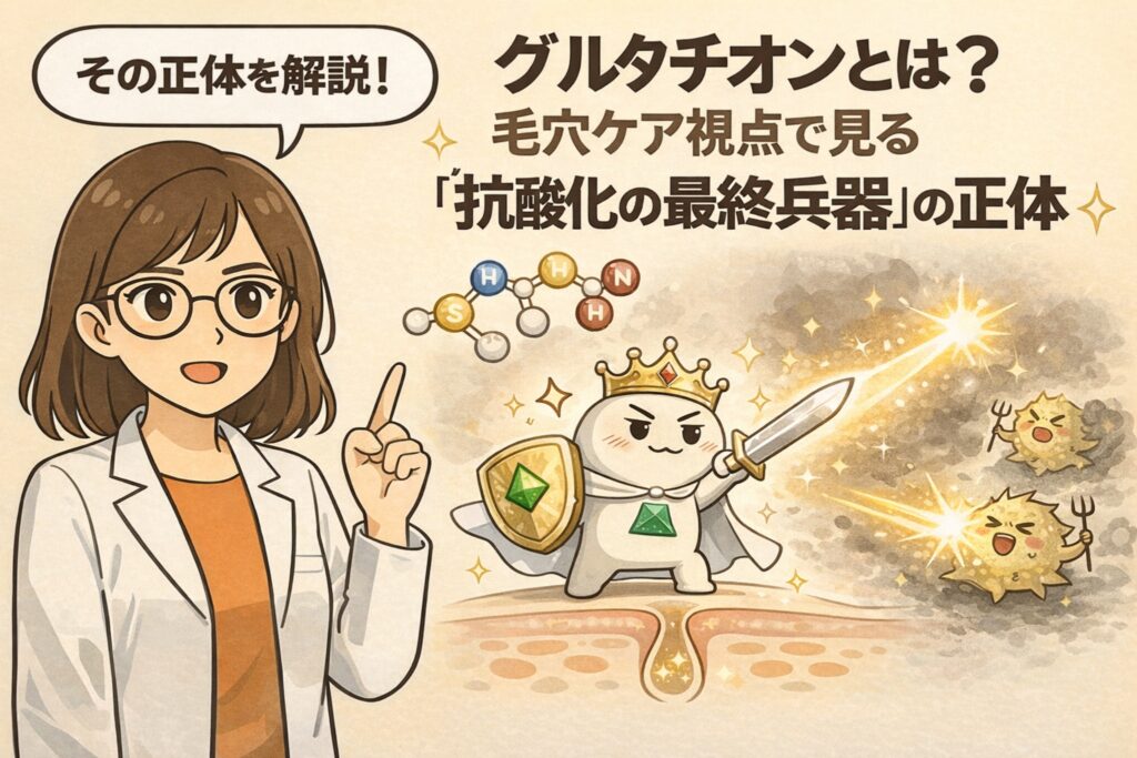 グルタチオンとは何かを毛穴ケア視点で解説するイラスト。白衣を着た女性が指差し説明を行い、グルタチオンの分子構造とともに、王冠と剣・盾を持ったキャラクターが酸化ストレスを象徴する敵を撃退する様子を描いている。「抗酸化の最終兵器」という役割を、毛穴構造の上で視覚的に表現した構図。