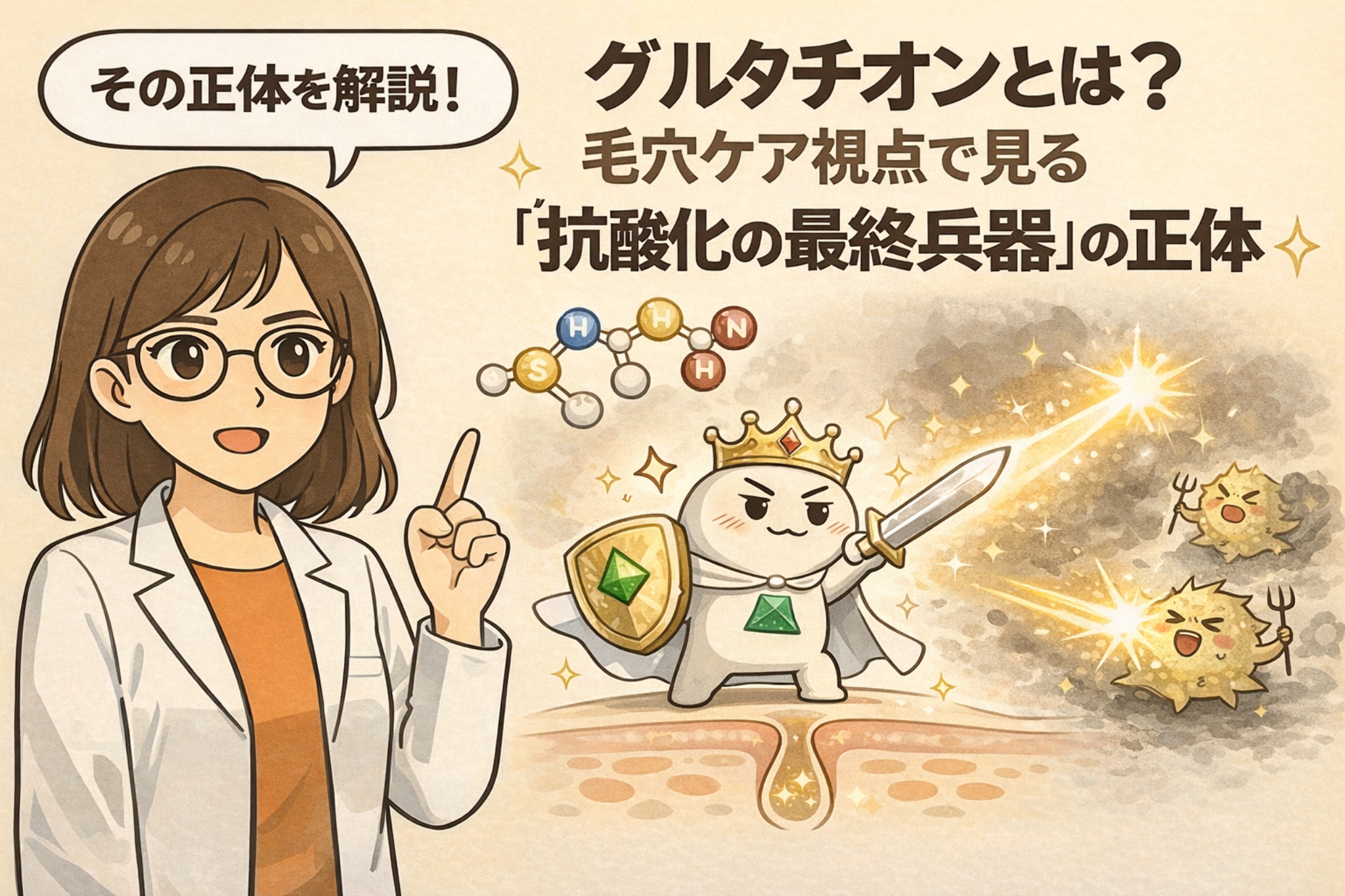 グルタチオンとは何かを毛穴ケア視点で解説するイラスト。白衣を着た女性が指差し説明を行い、グルタチオンの分子構造とともに、王冠と剣・盾を持ったキャラクターが酸化ストレスを象徴する敵を撃退する様子を描いている。「抗酸化の最終兵器」という役割を、毛穴構造の上で視覚的に表現した構図。