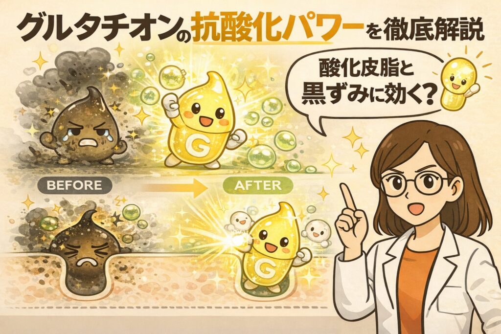 グルタチオンの抗酸化作用を分かりやすく解説するイラスト。酸化して黒ずんだ皮脂や毛穴汚れ（BEFORE）に対し、グルタチオン（G）キャラクターが抗酸化パワーで働きかけ、明るく整った状態（AFTER）へ変化する様子を図解。右側では白衣姿の女性が「酸化皮脂と黒ずみに効く？」と解説し、抗酸化ケアとしてのグルタチオンの役割を視覚的に伝えている。