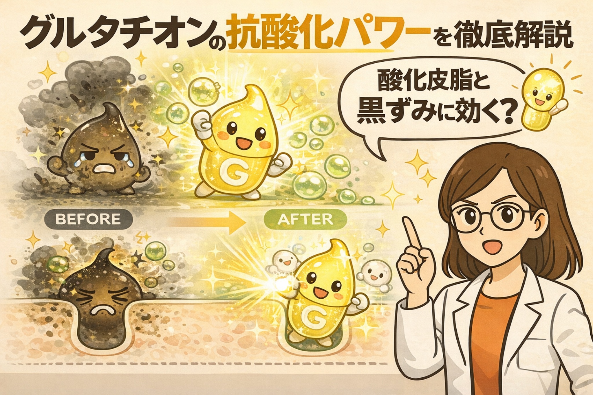 グルタチオンの抗酸化作用を分かりやすく解説するイラスト。酸化して黒ずんだ皮脂や毛穴汚れ（BEFORE）に対し、グルタチオン（G）キャラクターが抗酸化パワーで働きかけ、明るく整った状態（AFTER）へ変化する様子を図解。右側では白衣姿の女性が「酸化皮脂と黒ずみに効く？」と解説し、抗酸化ケアとしてのグルタチオンの役割を視覚的に伝えている。