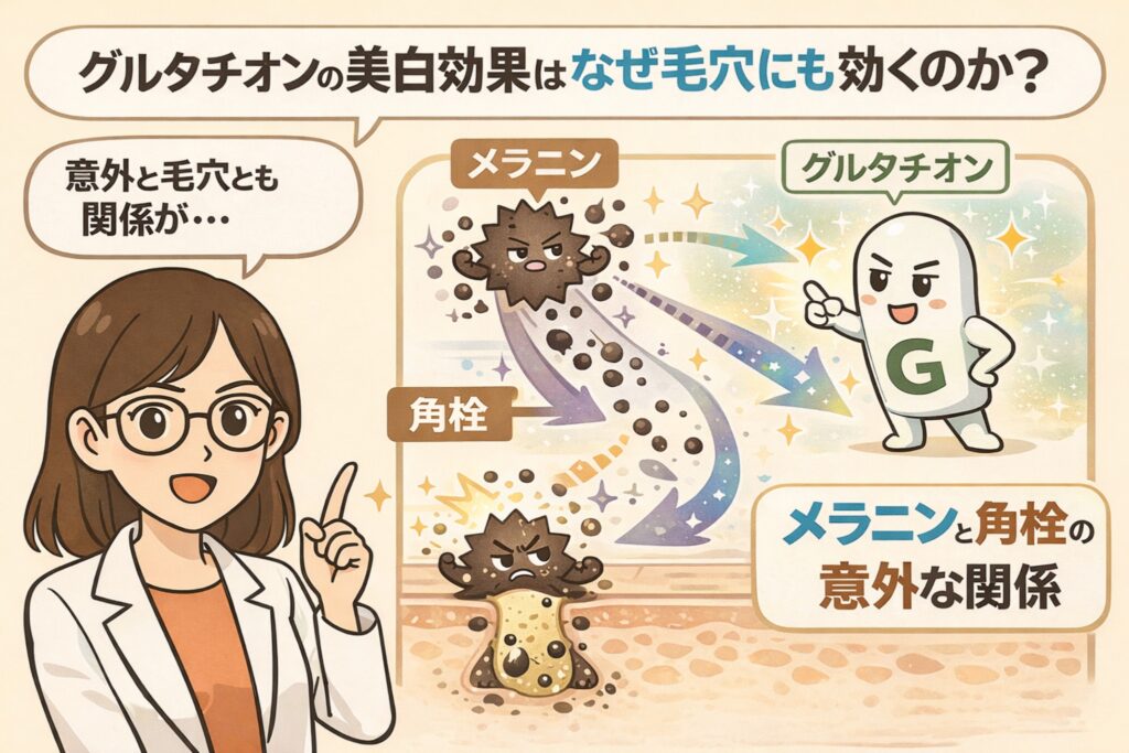 グルタチオンの美白効果がなぜ毛穴にも関係するのかを解説したイラスト。白衣と眼鏡の女性キャラクターが指差しで説明し、メラニンが角栓や毛穴に影響する流れと、それを抑えるグルタチオンの働きが擬人化キャラクターと矢印で図解されている。「メラニンと角栓の意外な関係」を示した淡いベージュ背景のアイキャッチ。
