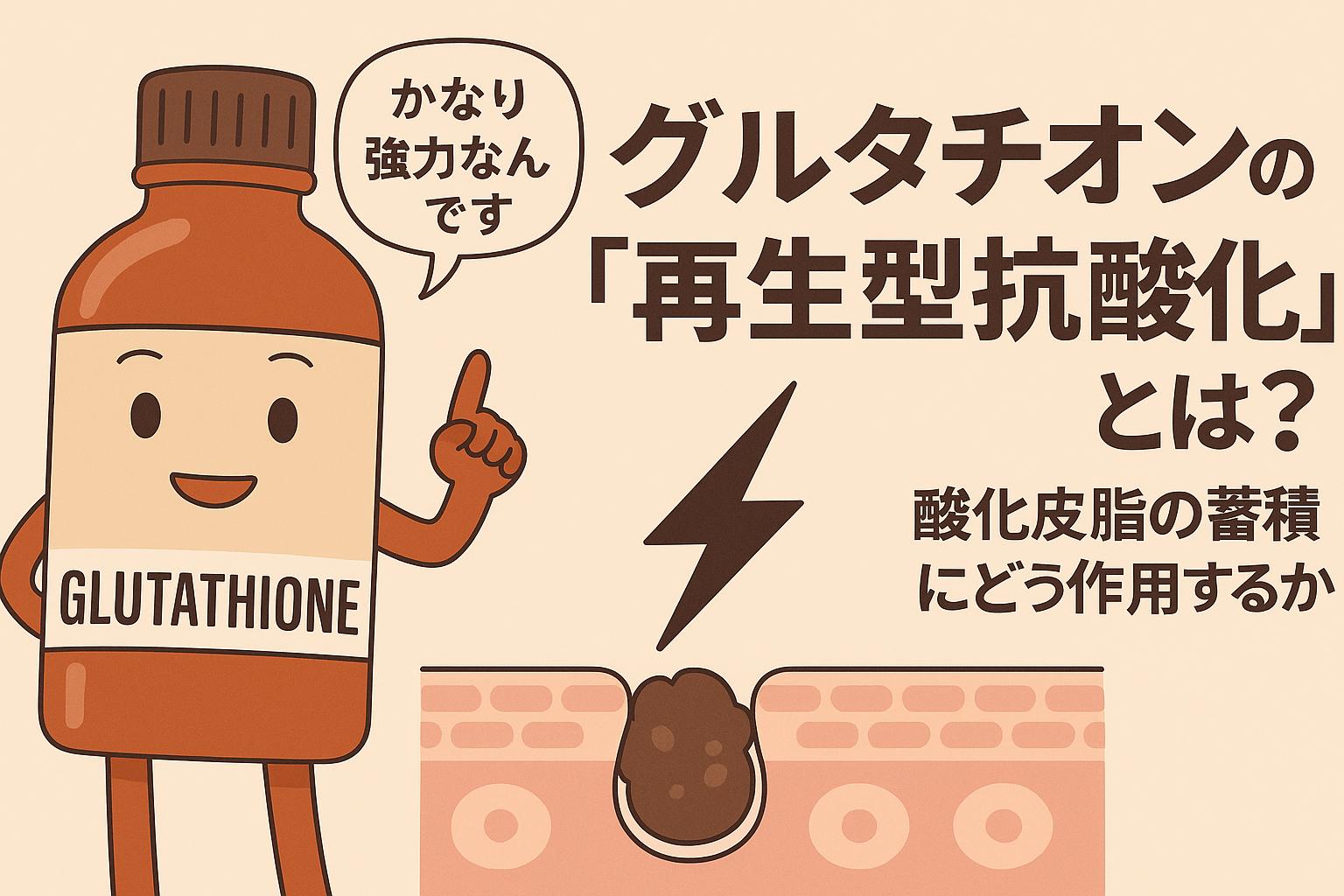 グルタチオンが「再生型抗酸化」について解説する構図。皮脂の酸化蓄積に対する働きをイラストで表現し、「かなり強力なんです」という吹き出し付き。