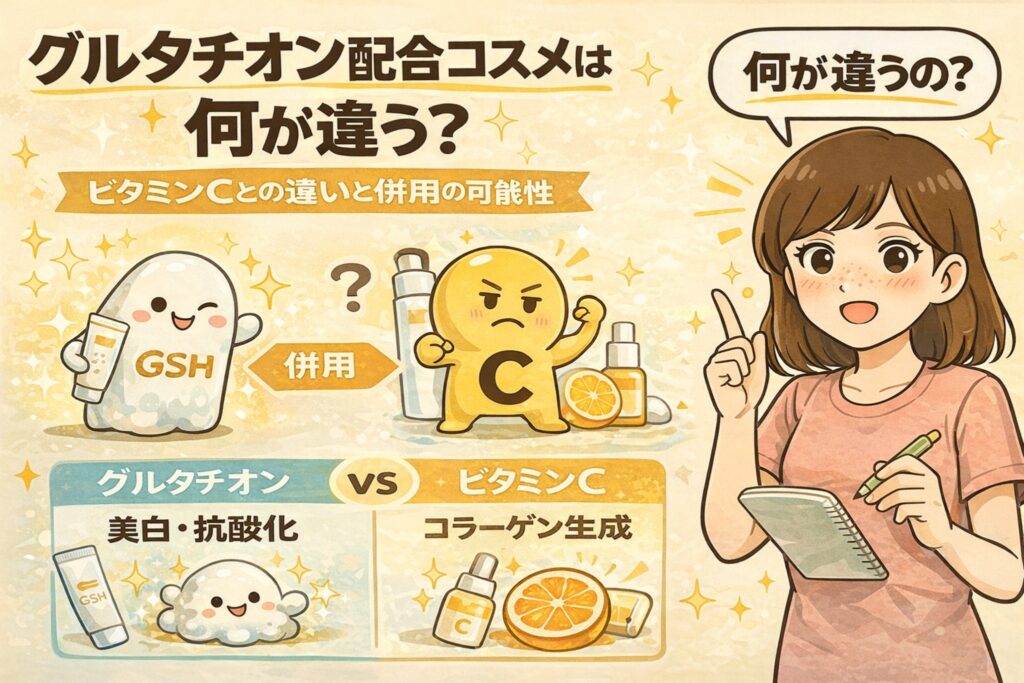 グルタチオン配合コスメとビタミンC配合コスメの違いを比較した図解イラスト。グルタチオンは美白・抗酸化、ビタミンCはコラーゲン生成を担う成分として描かれ、併用の可否についても擬人化キャラクターとともに分かりやすく解説している