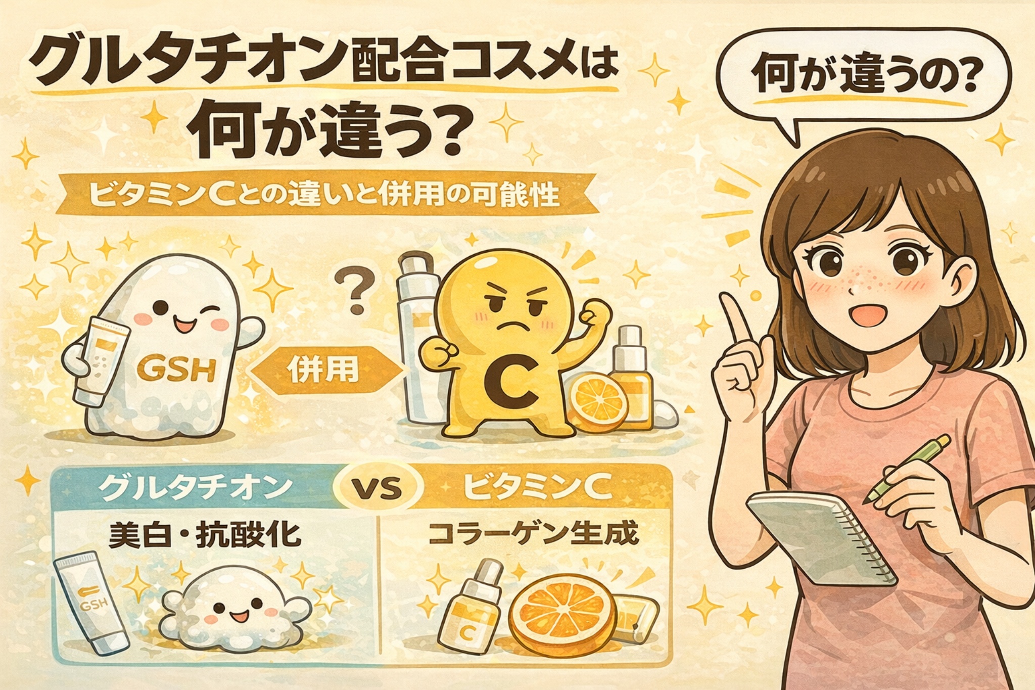 グルタチオン配合コスメとビタミンC配合コスメの違いを比較した図解イラスト。グルタチオンは美白・抗酸化、ビタミンCはコラーゲン生成を担う成分として描かれ、併用の可否についても擬人化キャラクターとともに分かりやすく解説している