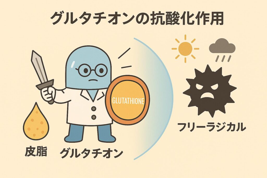 グルタチオンを擬人化したキャラクターが剣と盾を持ち、皮脂を守っているイラスト。盾には「GLUTATHIONE」と書かれ、右側にはフリーラジカル(紫外線・大気汚染アイコン付きの敵キャラ)が描かれている。グルタチオンが抗酸化作用で毛穴を守るヒーローとして表現されている