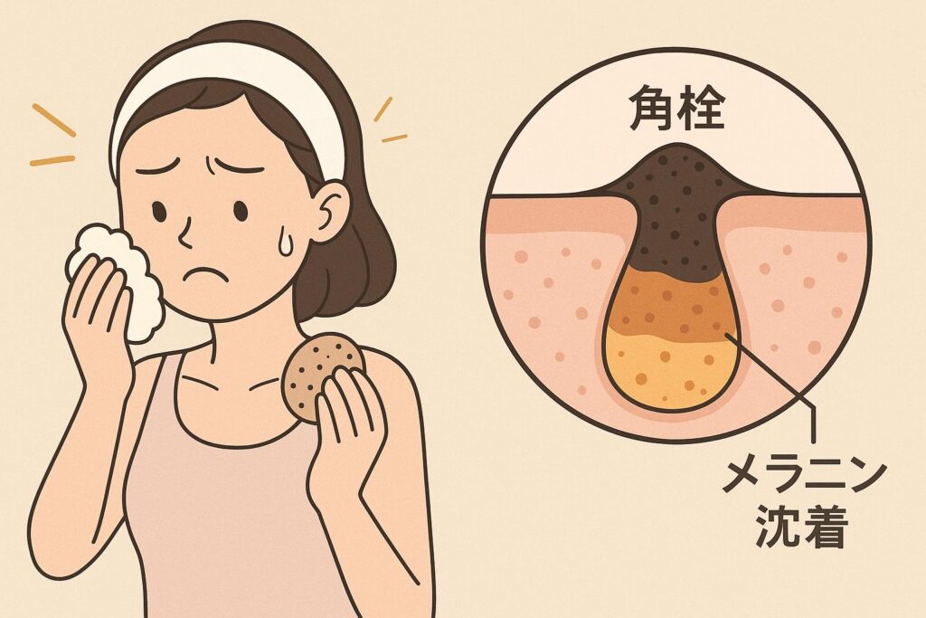 「洗顔やスクラブをしても黒ずみが残って悩む女性」と「毛穴内部の断面図(角栓+メラニン沈着による二重構造)」を並べて描いたイラスト。黒ずみの原因が単なる汚れではなく、角栓とメラニン沈着の複合であることを示している。