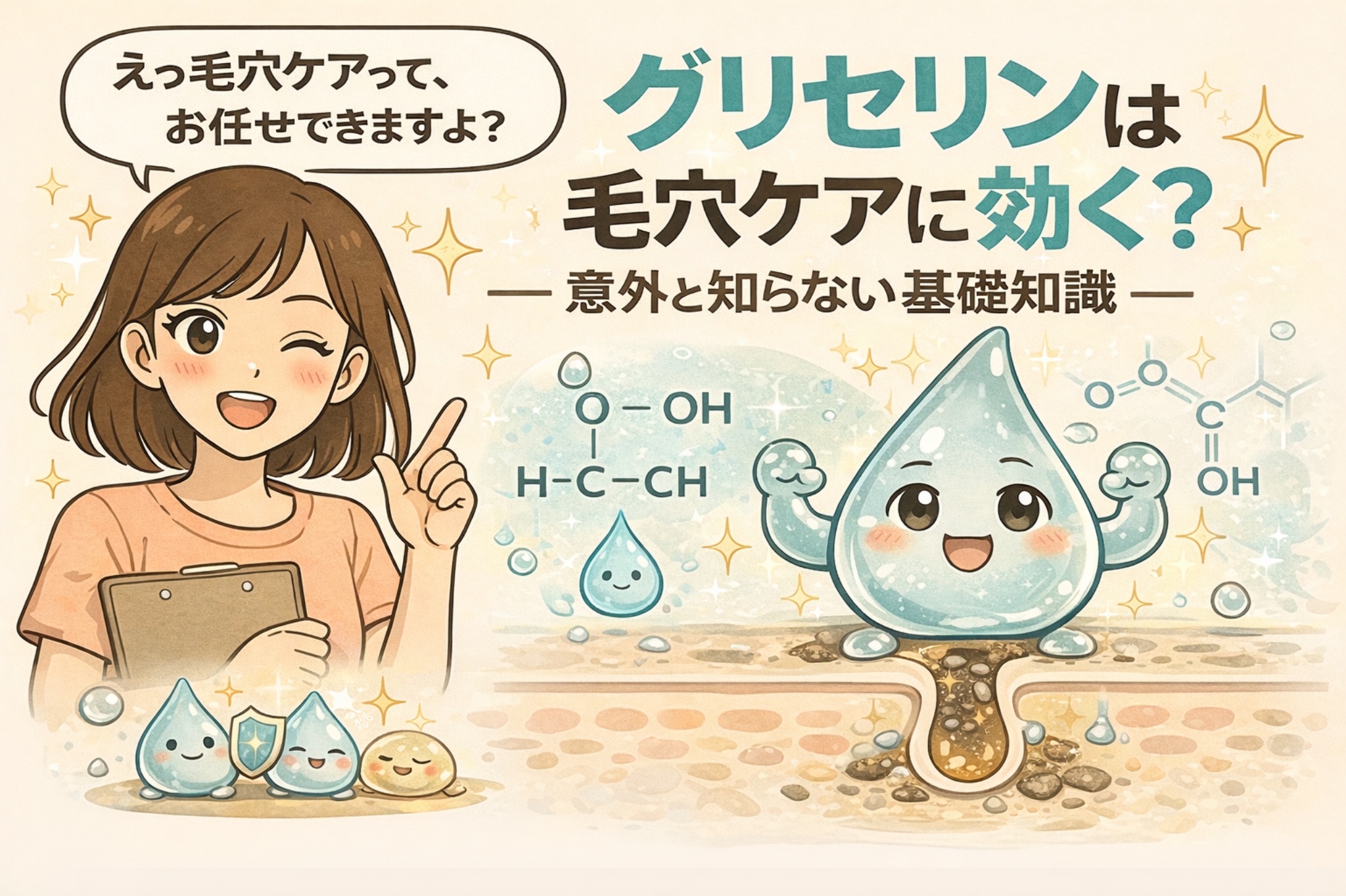 グリセリンが毛穴ケアに役立つ理由を解説した図解イラスト。保湿成分であるグリセリンが角層のうるおいを保ち、毛穴まわりの環境を整える考え方を、化学構造イメージ、毛穴断面図、擬人化キャラクターと解説役の人物でわかりやすく示している。