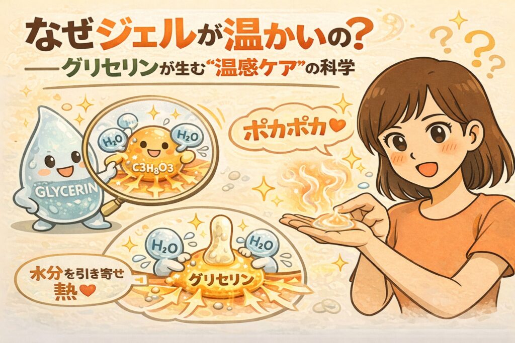 ジェルが温かく感じる理由を、グリセリンが水分を引き寄せる性質によって生じる温感ケアの仕組みとして解説したイラスト。擬人化したグリセリン分子と水分子、手のひらでポカポカを感じる女性を描いた図解画像。