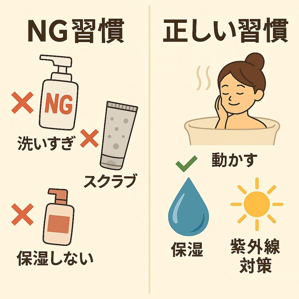 左右比較のインフォグラフィック。
左側「NG習慣」：

洗いすぎ（赤い×マーク）

スクラブ（赤い×マーク）

保湿しない（赤い×マーク）

右側「正しい習慣」：

動かす（入浴中にマッサージする女性イラスト、緑の✓マーク）

保湿（水滴アイコン、緑の✓マーク）

紫外線対策（太陽アイコン、緑の✓マーク）

読者が「自分のケアはどちら？」と直感的に比較できる構成。
