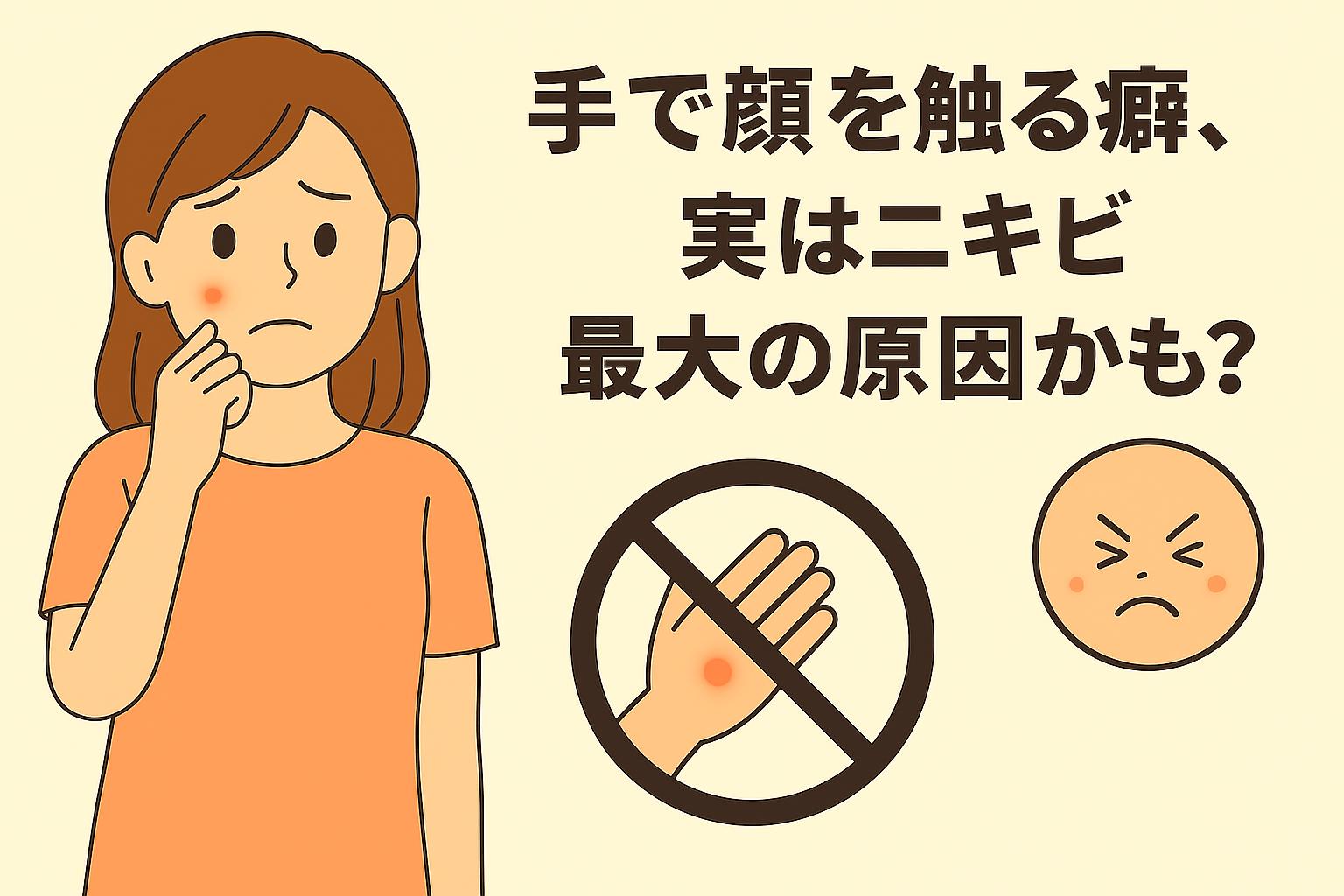 頬に吹き出物がある女性が心配そうに顔に手を当てている。右側には禁止マーク付きの手とニキビ顔のイラストがあり、「手で顔を触ることがニキビ最大の原因かも？」という警告が視覚的に表現されたフラットスタイルの画像。