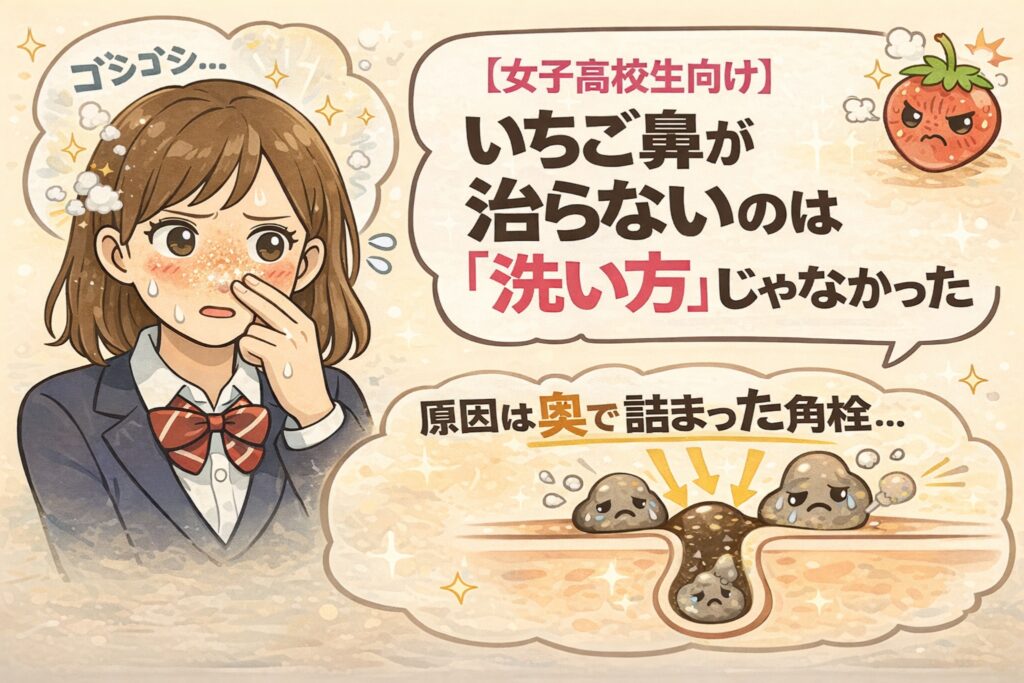 女子高校生のいちご鼻の悩みを描いたイラスト。洗顔しているのに鼻の黒ずみが気になる様子と、原因が毛穴の奥で詰まった角栓にあることを断面図で示し、洗い方だけでは改善しにくい構造を解説している。