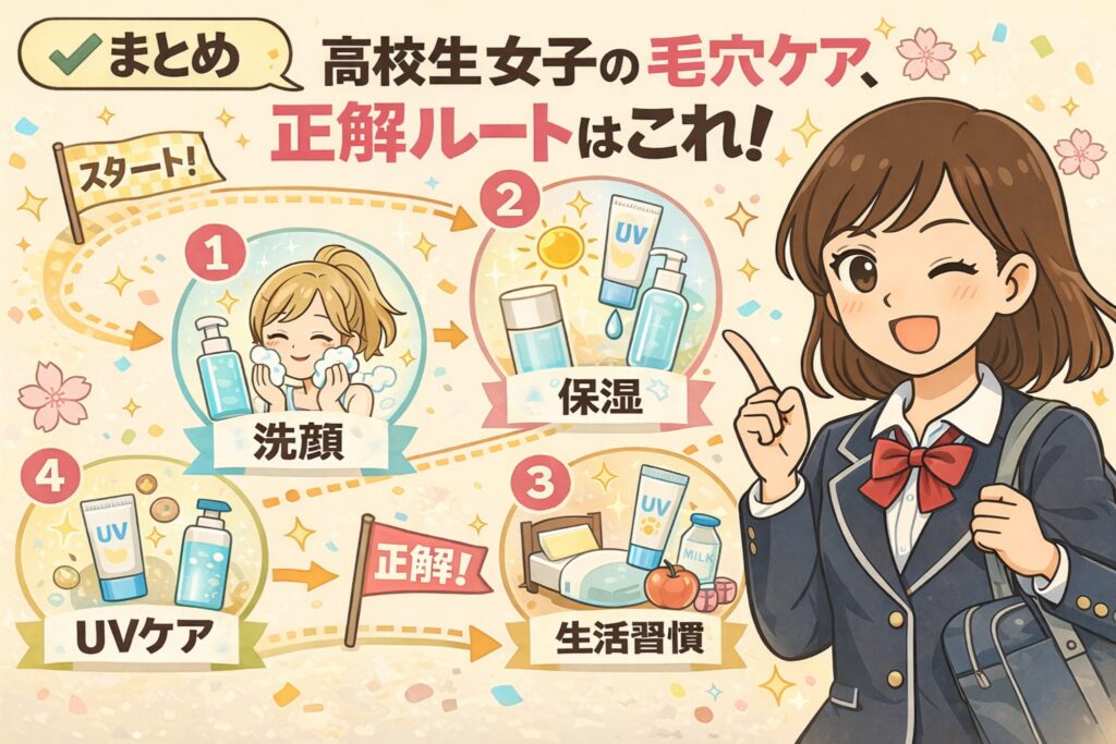 高校生女子の毛穴ケアの正しい流れを、洗顔・保湿・生活習慣・UVケアの4ステップで分かりやすくまとめた図解イラスト。制服姿の女子高生が指差しで解説している。