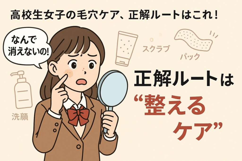「高校生女子の毛穴ケア、正解ルートはこれ！」という見出しとともに、女子高生が鏡を持って頬の黒ずみを気にして「なんで消えないの!?」と困っているイラスト。背景には「洗顔」「スクラブ」「パック」のアイコンが並び、右側に「正解ルートは“整えるケア”」と強調された文字。