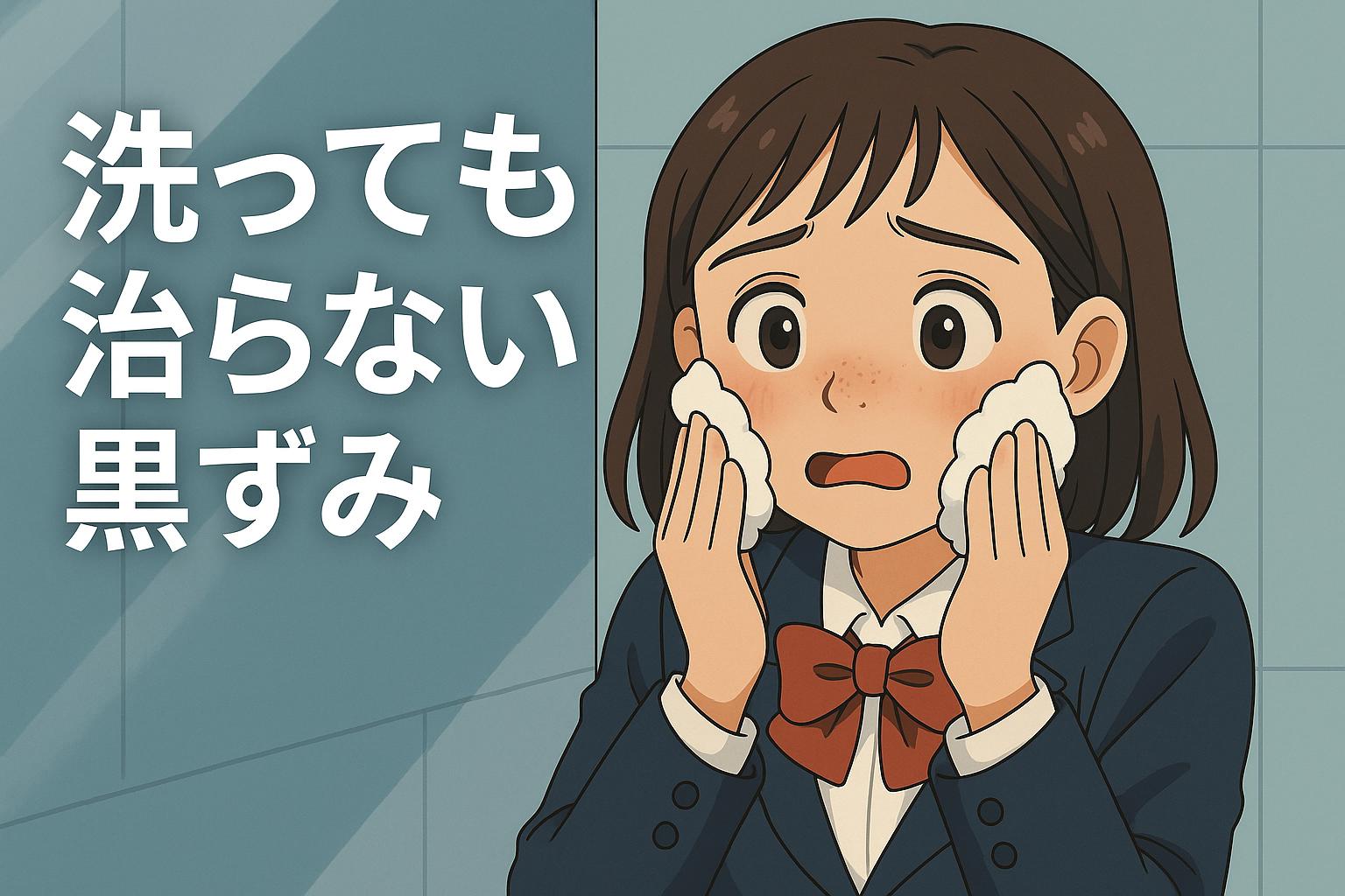 横長イラスト。制服姿の女子高校生が洗顔後、両手に泡をつけて頬を押さえながら鏡を見て、鼻の黒ずみが消えないことに困惑している。背景は洗面所風で、左側に「洗っても治らない黒ずみ」という文字が大きく配置されている。 