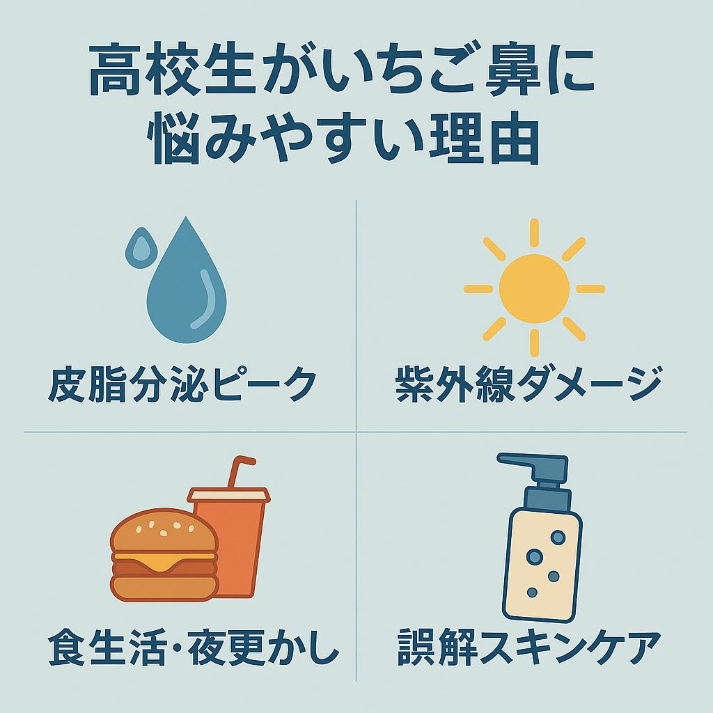 横長インフォグラフィック。タイトル「高校生がいちご鼻に悩みやすい理由」。4つの要因がアイコン付きで並列に配置されている。💦水滴アイコン＝皮脂分泌ピーク、🌞太陽アイコン＝紫外線ダメージ、🍔ハンバーガーとドリンクアイコン＝食生活・夜更かし、🧴ポンプボトルアイコン＝誤解スキンケア。背景は淡いブルーでシンプルに整理されている。 