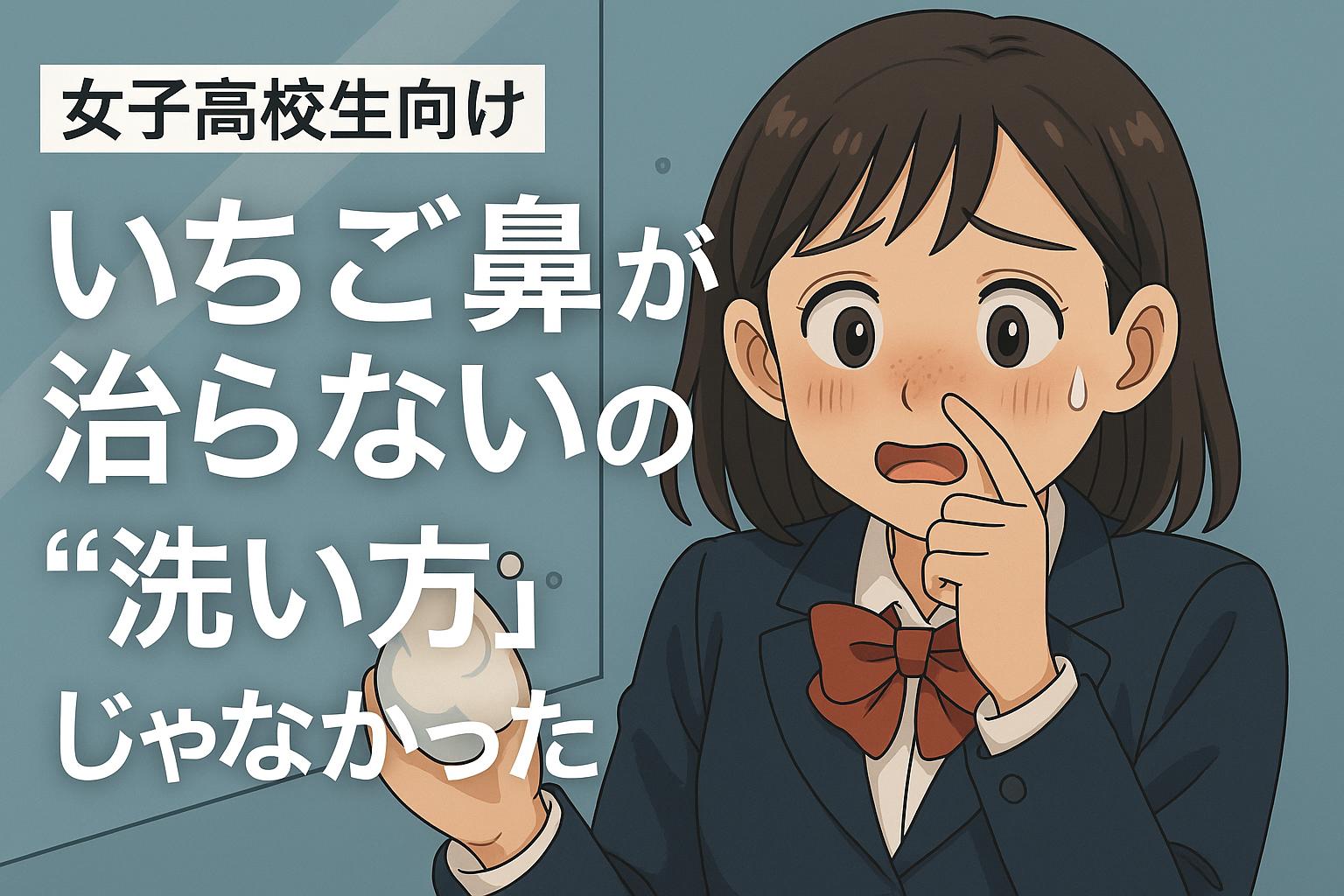 横長イラスト。制服姿の女子高校生が鏡の前で鼻の黒ずみを気にして指で触り、不安そうな表情を浮かべている。背景は淡いブルーの洗面所風で、左側に大きく「女子高校生向け いちご鼻が治らないのは“洗い方”じゃなかった」という文字が配置されている。