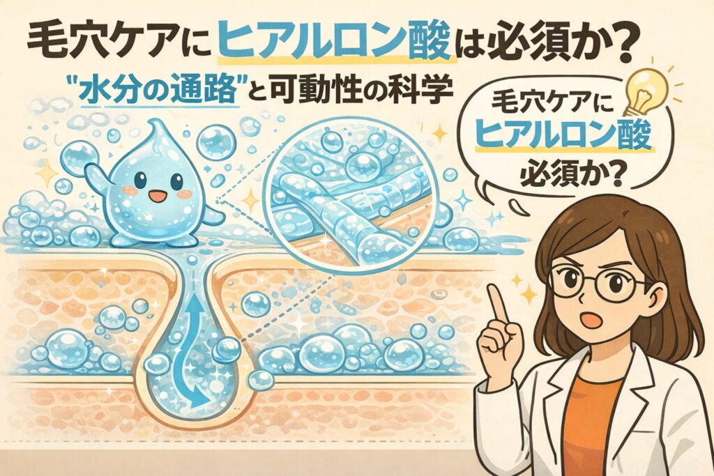 毛穴ケアにヒアルロン酸は必須なのかを解説するイラスト。毛穴断面の中を水分が通る様子を拡大表示し、「水分の通路」と可動性の関係を視覚化。ヒアルロン酸を水滴キャラクターで表現し、白衣を着た女性が「毛穴ケアにヒアルロン酸必須か？」と指差し解説している構図。