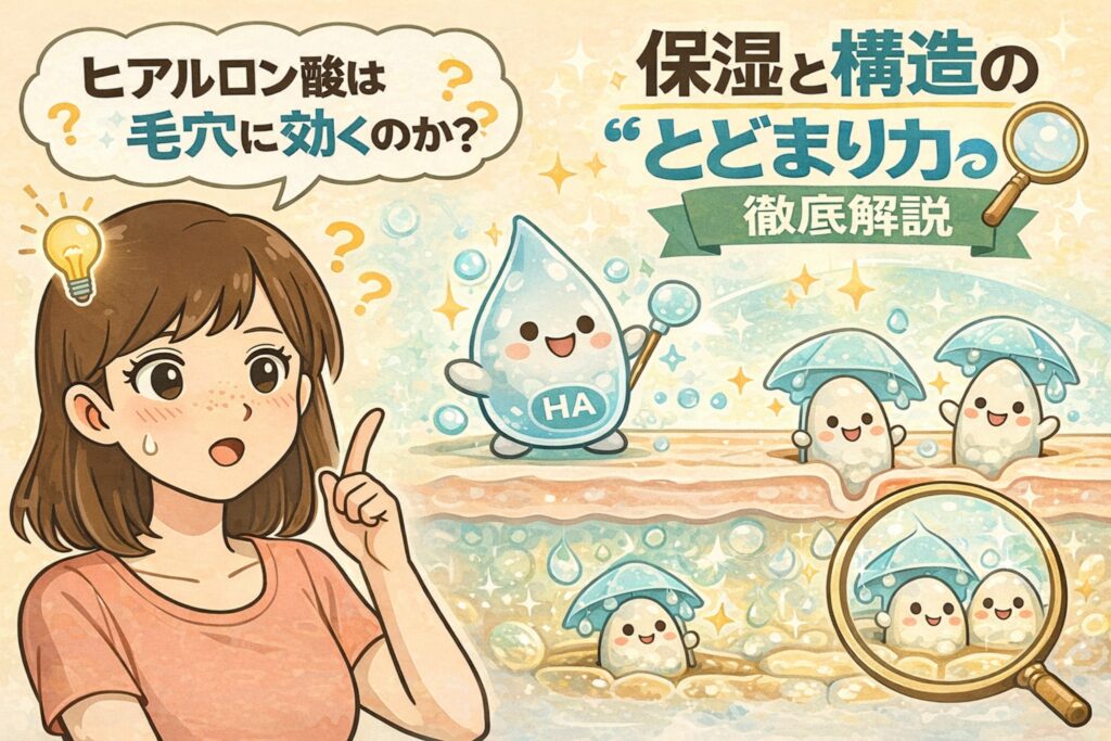 ヒアルロン酸は毛穴に効くのかをテーマに、保湿と肌構造の“とどまり力”を解説するイラスト。疑問を持つ女性の横で、ヒアルロン酸（HA）を擬人化したキャラクターが拡大鏡を持ち、角質層の断面図の中で水分を保持する様子を説明している。毛穴内部では、うるおいが構造的にとどまるイメージが描かれ、スキンケア成分としてのヒアルロン酸の役割を視覚的に表現している。