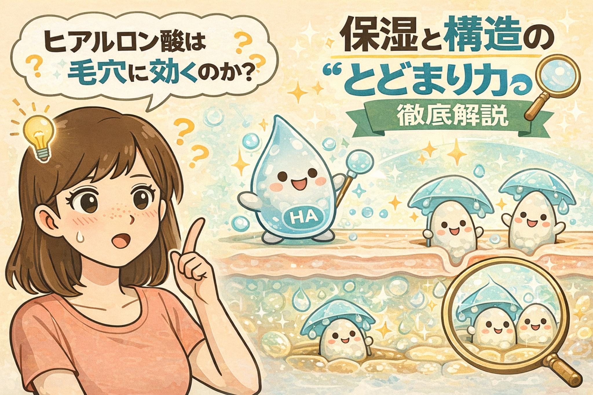 ヒアルロン酸は毛穴に効くのかをテーマに、保湿と肌構造の“とどまり力”を解説するイラスト。疑問を持つ女性の横で、ヒアルロン酸（HA）を擬人化したキャラクターが拡大鏡を持ち、角質層の断面図の中で水分を保持する様子を説明している。毛穴内部では、うるおいが構造的にとどまるイメージが描かれ、スキンケア成分としてのヒアルロン酸の役割を視覚的に表現している。