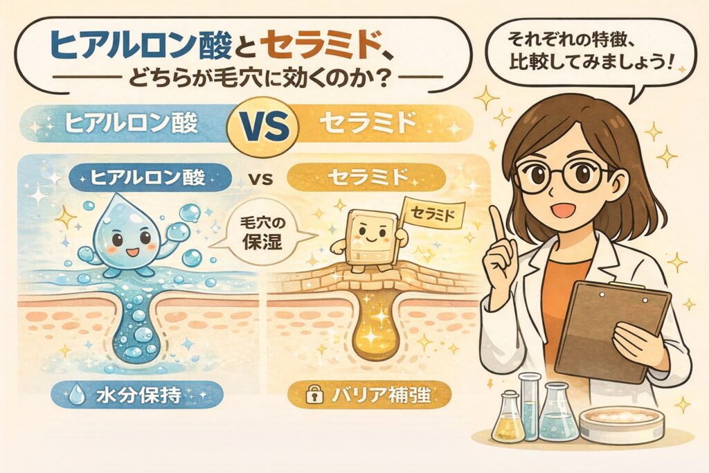 ヒアルロン酸とセラミドの違いを、毛穴ケアの観点から比較した図解イラスト。ヒアルロン酸は水分保持による保湿、セラミドはバリア補強による保湿という役割の違いを、毛穴断面図と擬人化キャラクターで分かりやすく示し、白衣の女性が解説している。