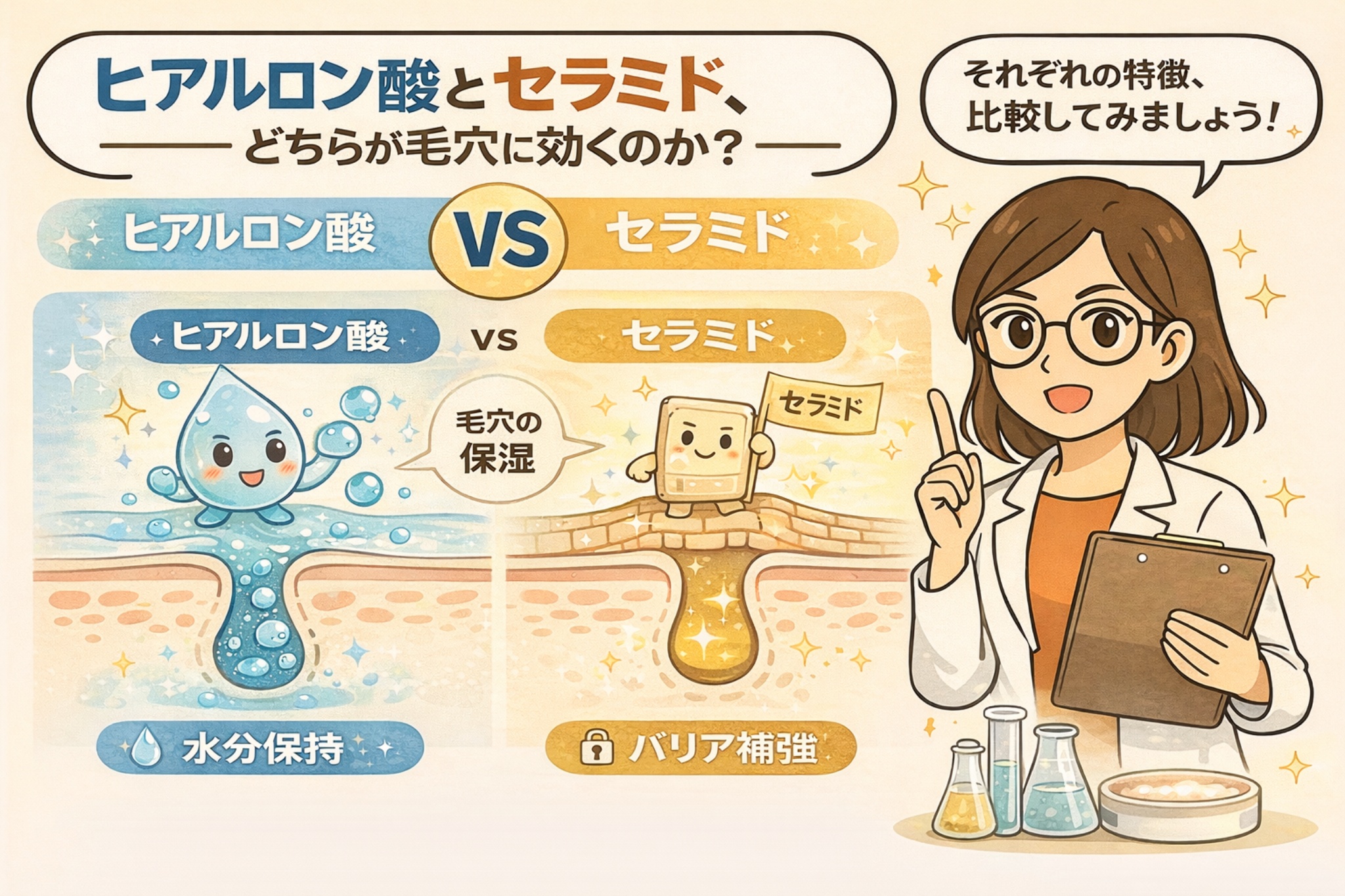ヒアルロン酸とセラミドの違いを、毛穴ケアの観点から比較した図解イラスト。ヒアルロン酸は水分保持による保湿、セラミドはバリア補強による保湿という役割の違いを、毛穴断面図と擬人化キャラクターで分かりやすく示し、白衣の女性が解説している。