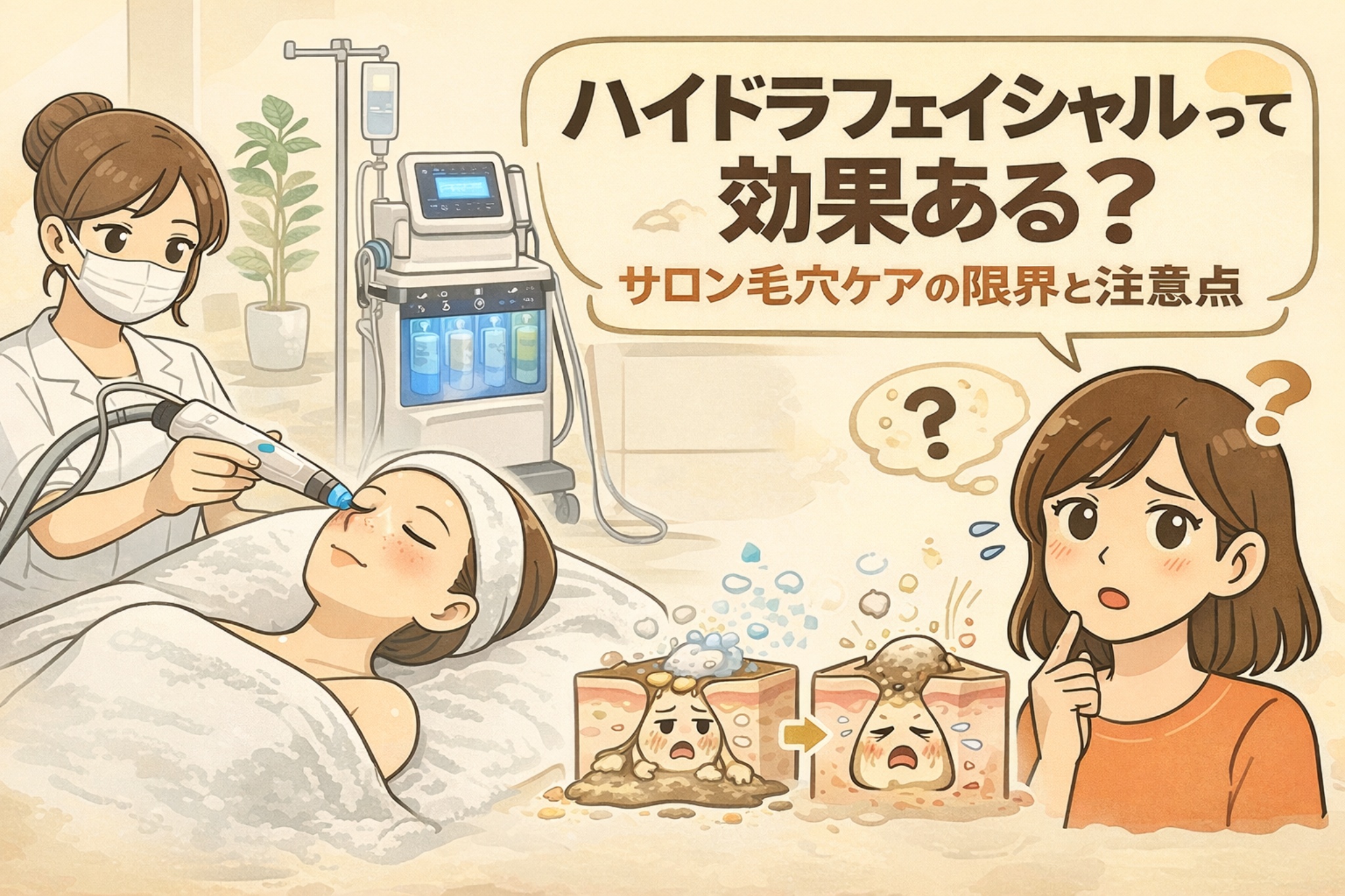 ハイドラフェイシャルの効果と毛穴ケアの限界を解説する図解イラスト。左側ではサロンで施術を受ける女性と専用機器が描かれ、右側では「ハイドラフェイシャルって効果ある？」という疑問を持つ女性が表現されている。下部には毛穴断面のビフォー・アフター図があり、表面の汚れは取れても毛穴の奥に詰まりが残る可能性を示している。サロン毛穴ケアの効果と注意点を分かりやすく伝える教育用ビジュアル。