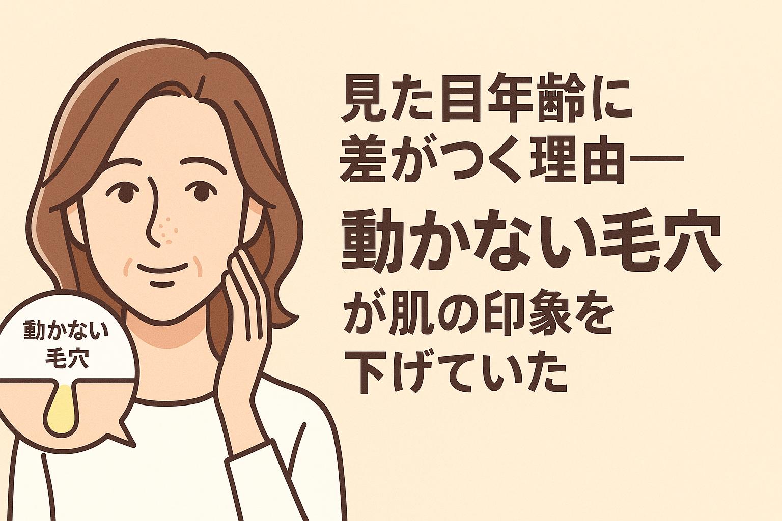 60代女性が、穏やかな微笑みを浮かべながら頬に手を添えているイラスト。肌はなめらかで、毛穴のポツポツは描かれていない。左下には「動かない毛穴」と書かれた毛穴構造の図解があり、右側には「見た目年齢に差がつく理由─動かない毛穴が肌の印象を下げていた」という日本語の太字テキストが配置されている。全体はフラットでやさしい色調の漫画風イラスト。