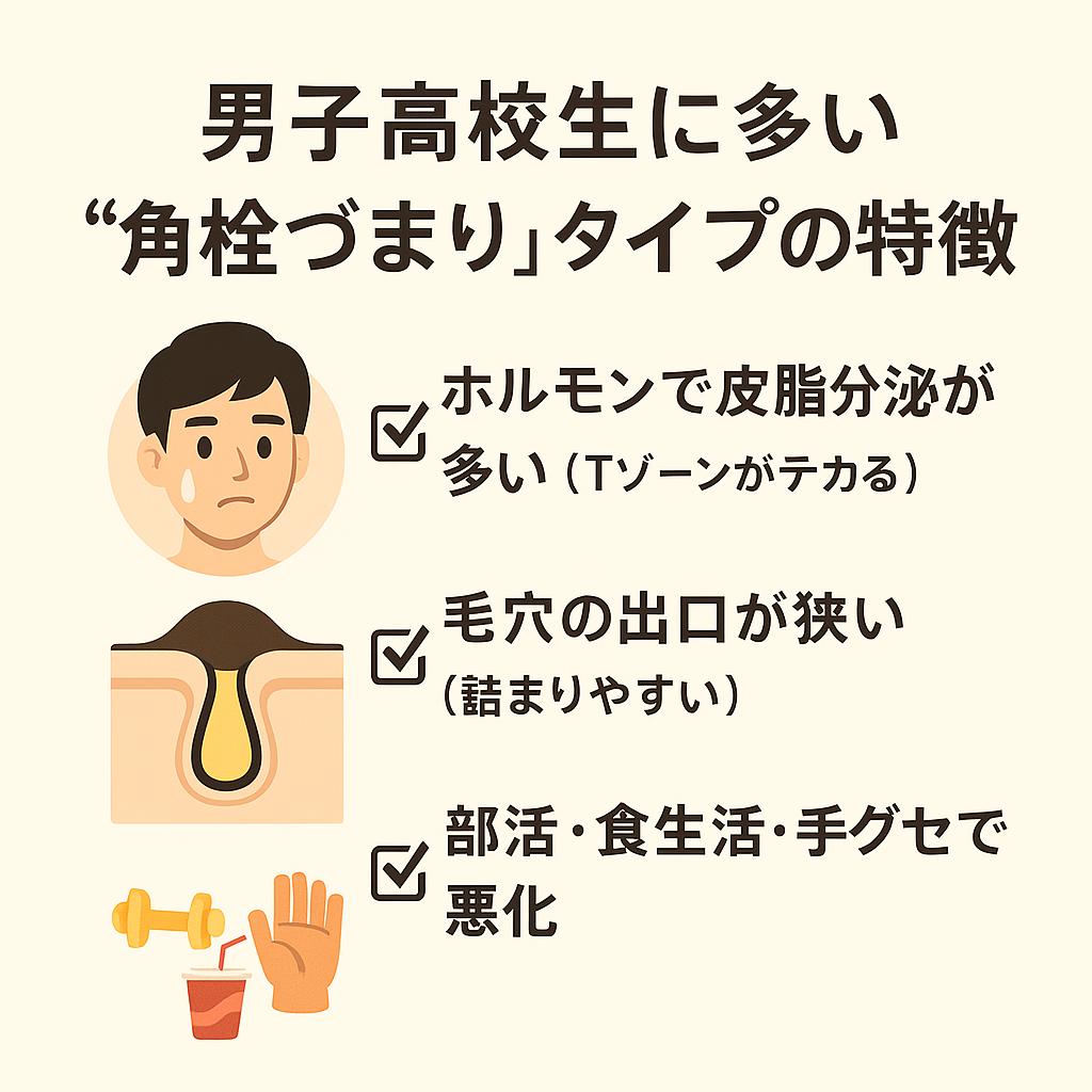 「男子高校生に多い“角栓づまり”タイプの特徴を示すチェックリスト図。
ホルモンで皮脂分泌が多い(Tゾーンがテカる)
毛穴の出口が狭い(詰まりやすい)
部活・食生活・手グセで悪化
それぞれ人物や毛穴、運動・食事・手のアイコンで表現されている。」