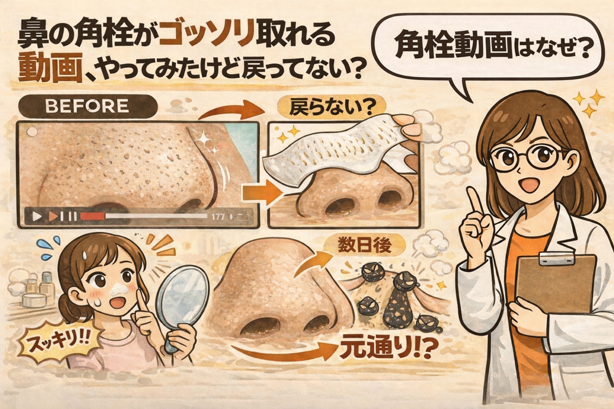 鼻の角栓がごっそり取れる動画を試した女性が、数日後に角栓が元通り戻っている様子を不思議に思う構造を描いたイラスト。ビフォーアフターの鼻のアップ、角栓除去シート、黒い角栓の再出現と、白衣を着た女性が「角栓動画はなぜ？」と解説する構図。