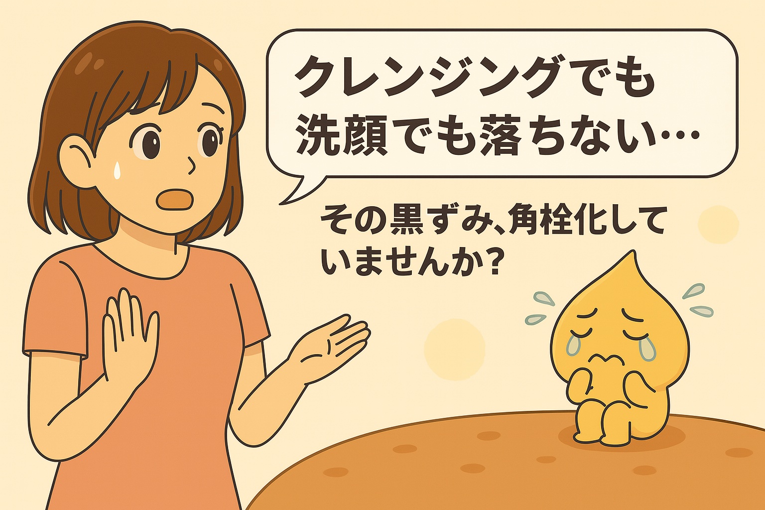 焦った表情で毛穴を気にする女性と、しょんぼりと泣く角栓キャラクターが登場するイラスト。洗顔の限界と角栓化の問題をやさしく訴求するストーリー性のある構図。