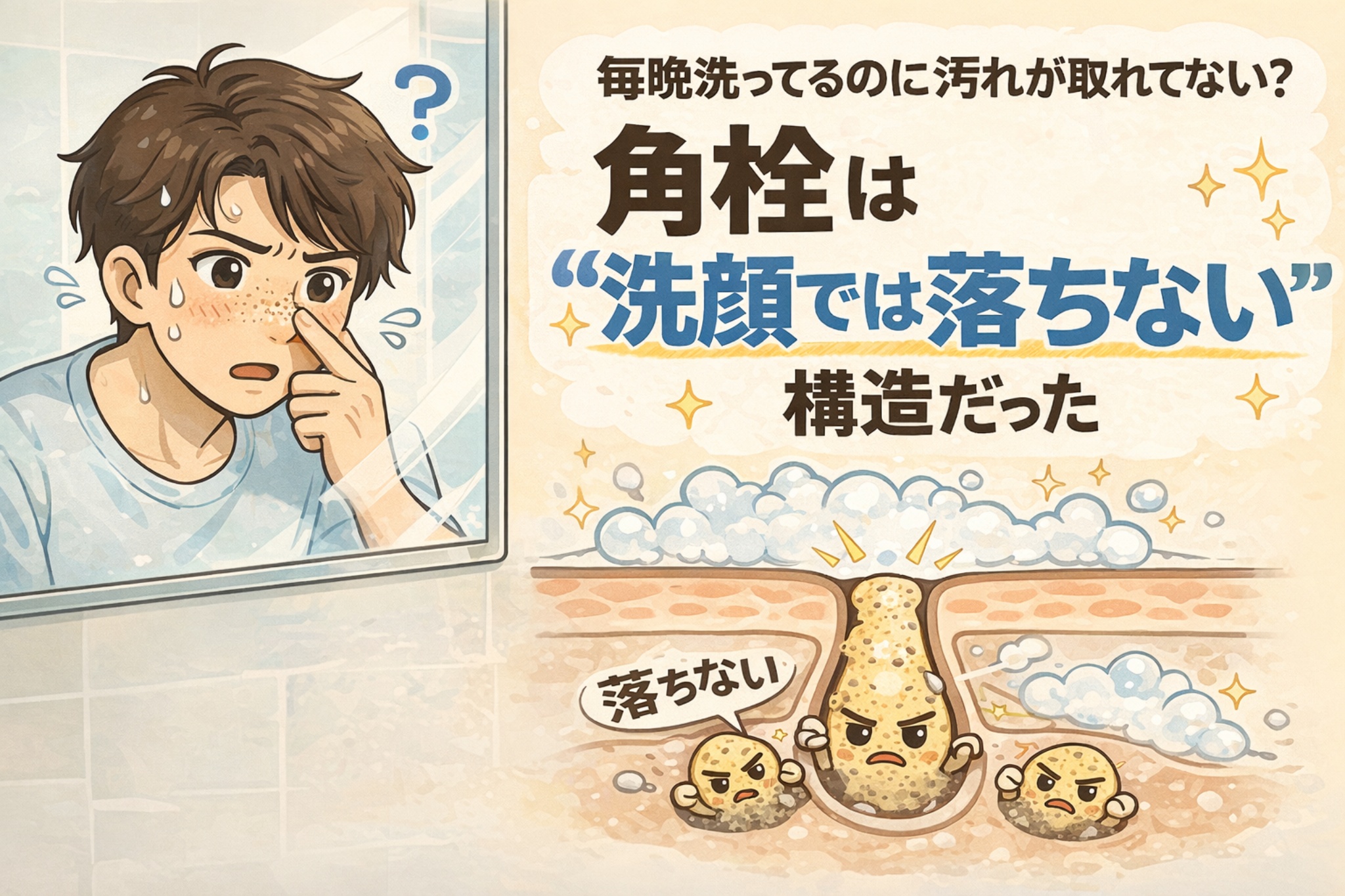 毎晩洗顔しているのに汚れが落ちない理由を解説するイラスト。鏡の前で鼻を気にする男性と、洗顔では落ちない角栓の構造を示した毛穴断面図を描き、角栓は洗顔だけでは除去できないことを視覚的に表現している。