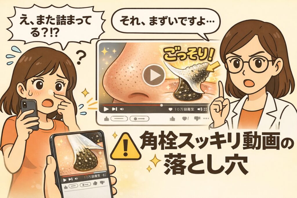 角栓がごっそり取れる動画に注意を促すイラスト。スマホで角栓除去動画を見て鼻を触る女性が「え、また詰まってる?!」と驚き、白衣の女性が「それ、まずいですよ…」と指摘している。動画内には角栓が抜ける場面と再詰まりを示す警告「角栓スッキリ動画の落とし穴」が描かれている。