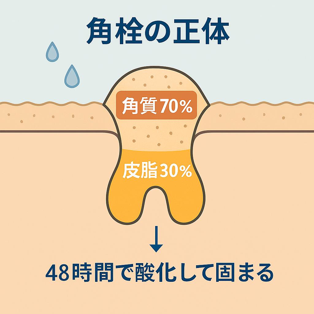 断面図イラスト。毛穴の中に「角質70％」と「皮脂30％」の層が詰まり、上部に角質、下部に皮脂が描かれている。矢印と文字で「48時間で酸化して固まる」と示され、角栓が時間経過で酸化し洗顔では落ちないことを説明している。背景はシンプルな淡色。