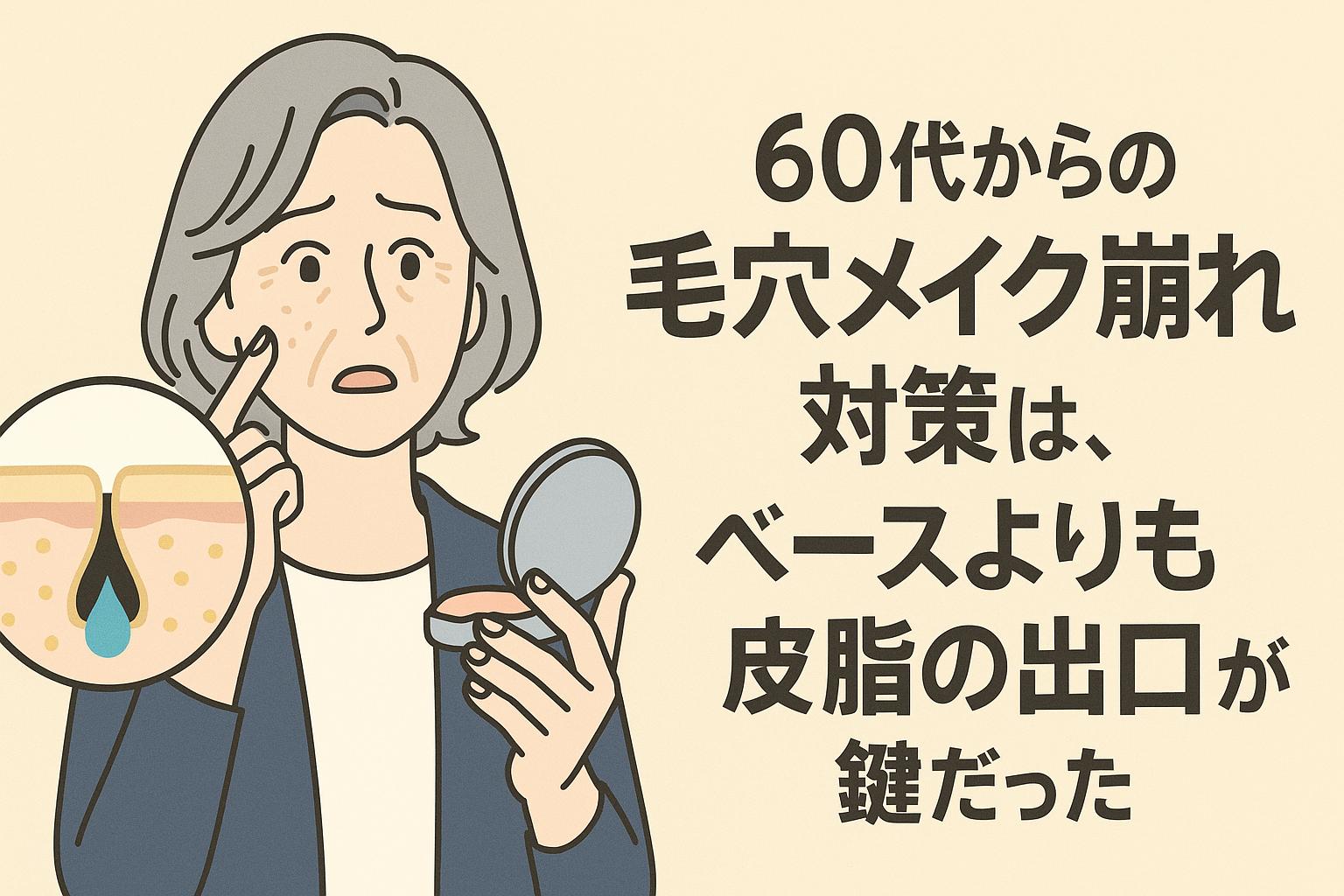 60代女性がメイク崩れに悩み、コンパクトミラーを持ちながら皮脂の出口に意識を向けている様子。左下に毛穴と皮脂の流れを示す断面図が描かれ、毛穴メイク崩れ対策の鍵が構造にあることを伝えるビジュアル。