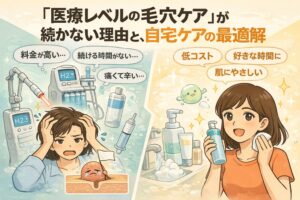 医療レベルの毛穴ケアが続かない理由と、自宅ケアが最適な解決策であることを対比で解説する図解イラスト。高額・時間不足・痛みといった医療ケアの課題と、低コスト・好きな時間・肌にやさしい自宅ケアのメリットを左右で比較し、安心してセルフケアする女性が描かれている。