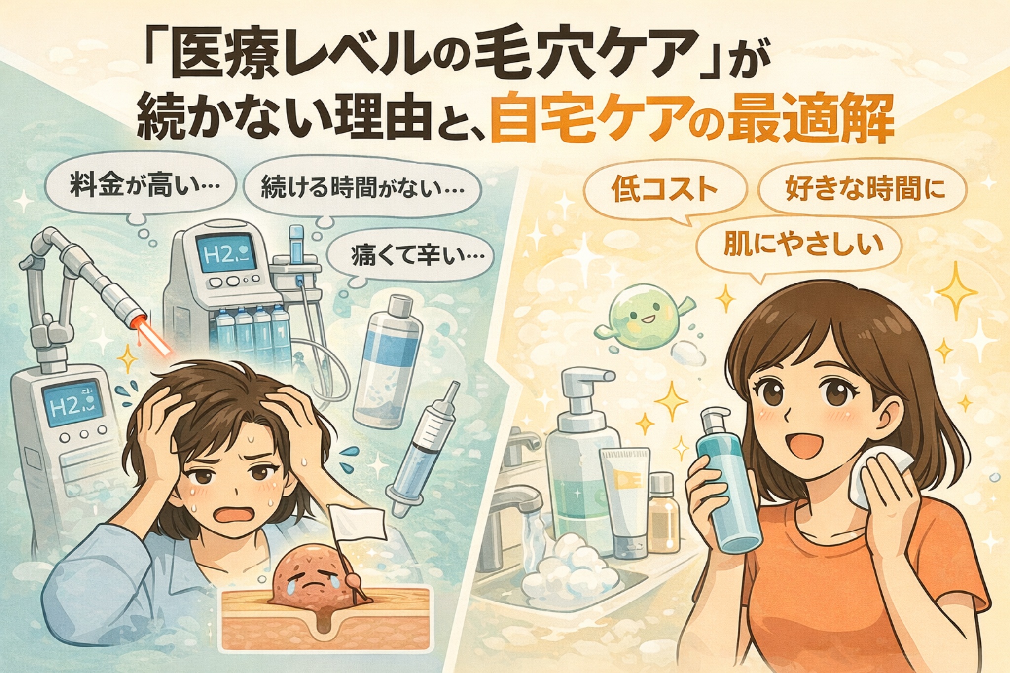医療レベルの毛穴ケアが続かない理由と、自宅ケアが最適な解決策であることを対比で解説する図解イラスト。高額・時間不足・痛みといった医療ケアの課題と、低コスト・好きな時間・肌にやさしい自宅ケアのメリットを左右で比較し、安心してセルフケアする女性が描かれている。