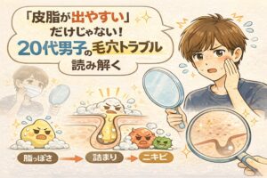 20代男性の毛穴トラブルを「皮脂が多いだけではない」という視点で解説したイラスト。脂っぽさから毛穴詰まり、さらにニキビへ進行する構造を、毛穴断面図と人物イラストでわかりやすく示している。
