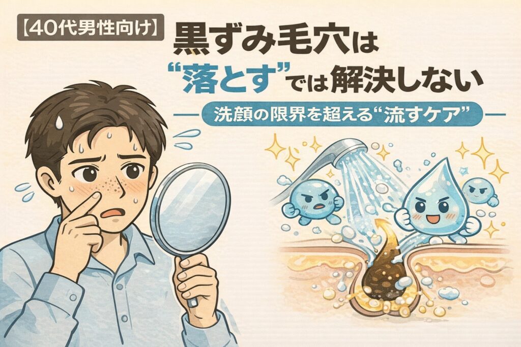 40代男性向けに、黒ずみ毛穴は「落とす」だけでは解決せず、洗顔の限界を超えた“流すケア”が重要であることを解説する図解イラスト。鏡を見て悩む男性と、水の力で毛穴内部の汚れを動かす構造を対比して示している。
