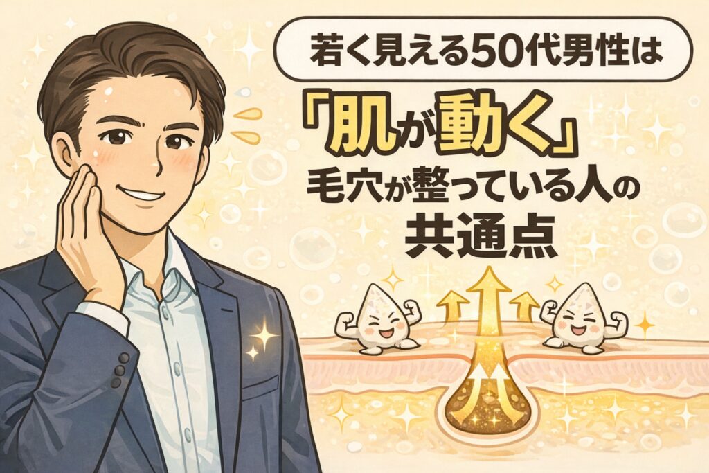 若く見える50代男性の肌の特徴を、毛穴の中の流れが整い「肌が動く」状態として図解したイラスト。頬に触れる男性と、活性化した毛穴構造を擬人化キャラクターで表現している。