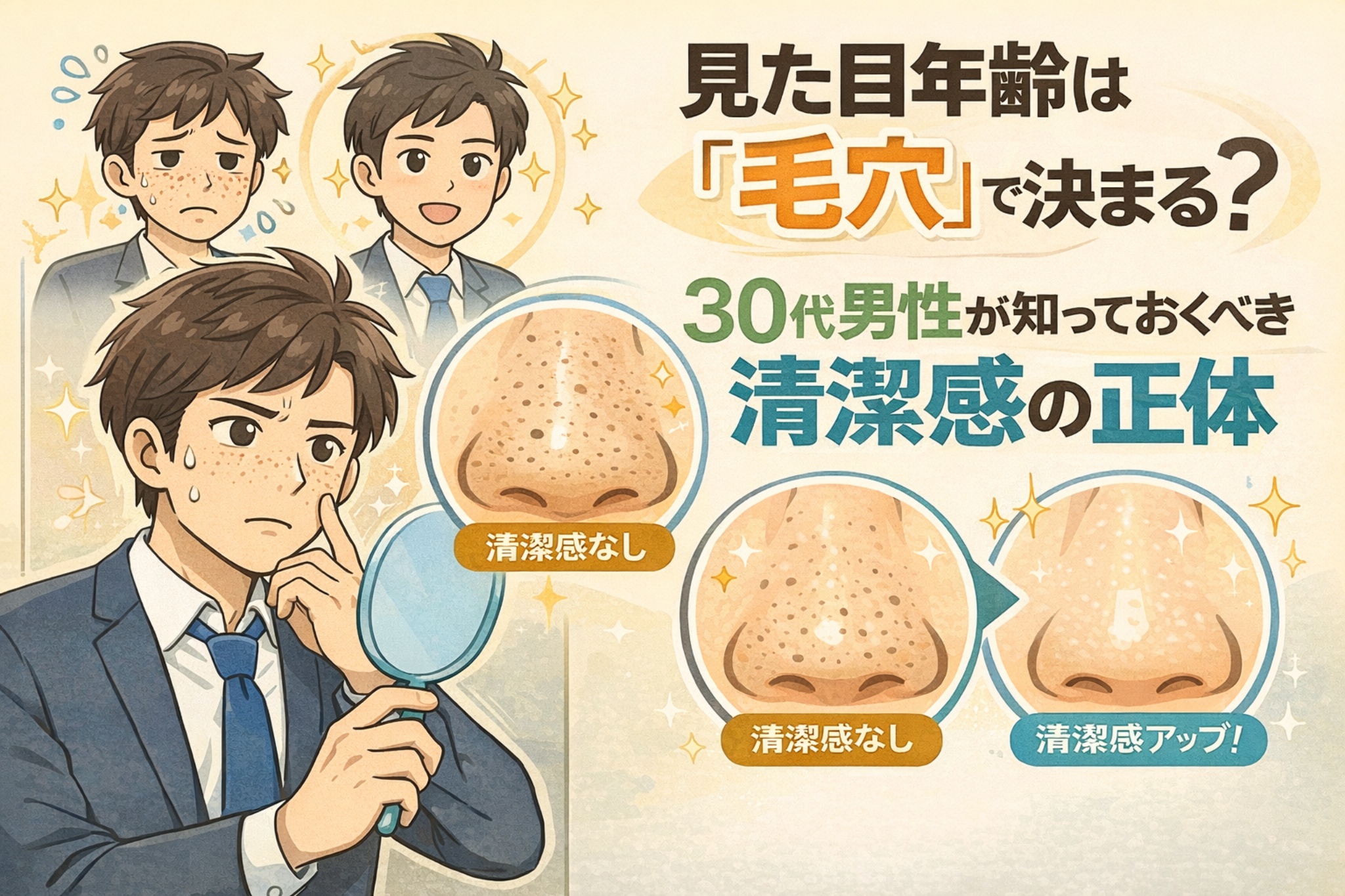 見た目年齢は毛穴の状態で大きく変わることを解説した図解イラスト。30代男性を例に、毛穴の黒ずみや詰まりによる清潔感の違いと、毛穴ケアによって清潔感が向上する比較を分かりやすく示している。