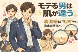 清潔感のある肌は毛穴から決まることを伝えるイラスト。身だしなみの整った男性のビフォー・アフターと、拡大した毛穴断面図を通して、毛穴が整った肌が第一印象を左右することを、好印象を抱く女性の表情とともに表現している。