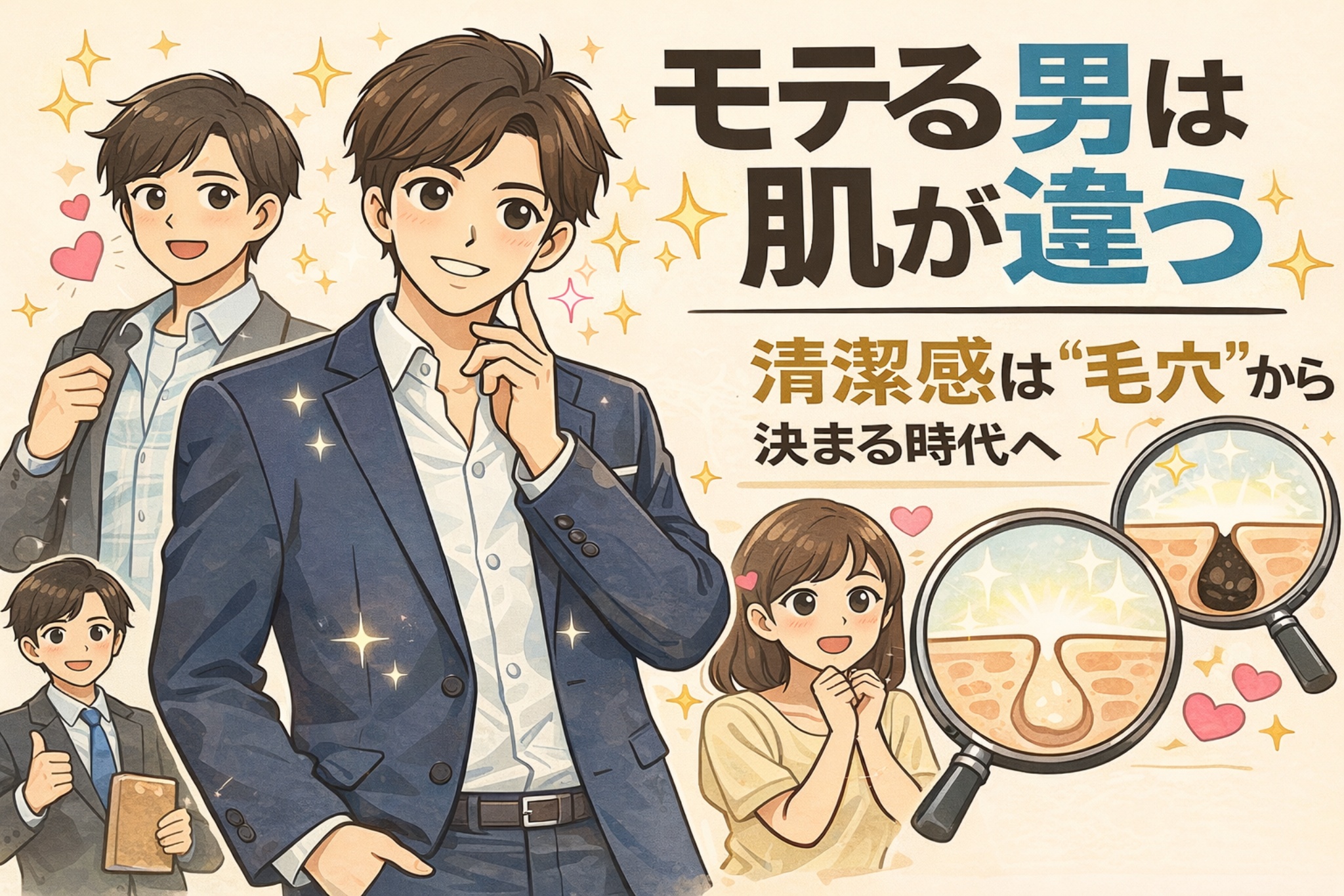 清潔感のある肌は毛穴から決まることを伝えるイラスト。身だしなみの整った男性のビフォー・アフターと、拡大した毛穴断面図を通して、毛穴が整った肌が第一印象を左右することを、好印象を抱く女性の表情とともに表現している。