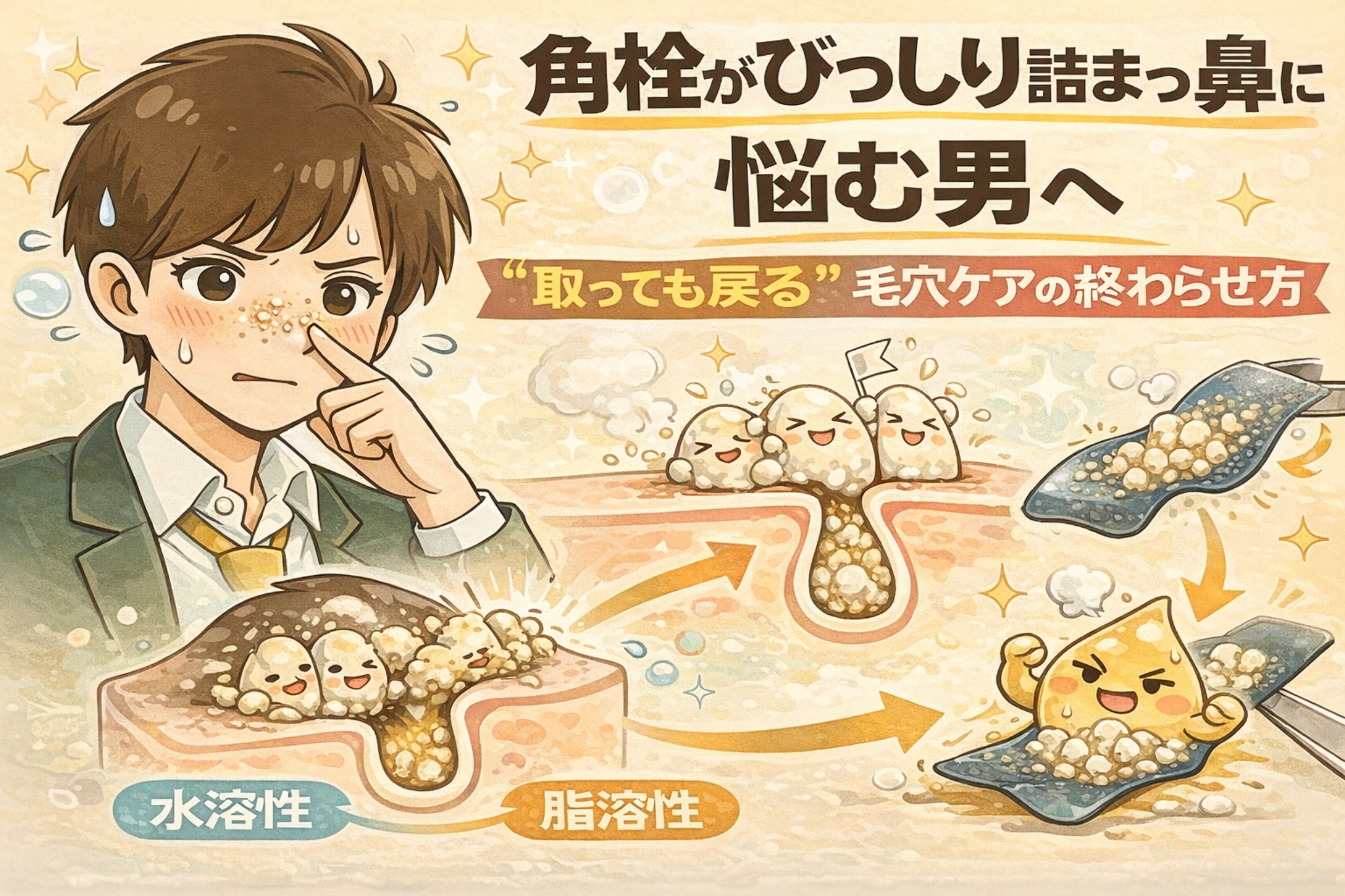 角栓がびっしり詰まった鼻に悩む男性向けに、「取っても戻る」毛穴ケアを終わらせる方法を解説するイラスト。角栓が毛穴に詰まった状態と、ケアによって排出・再発防止へ向かう流れを、毛穴断面図と水溶性・脂溶性のアプローチ対比で表現している男性向け毛穴ケア解説画像。