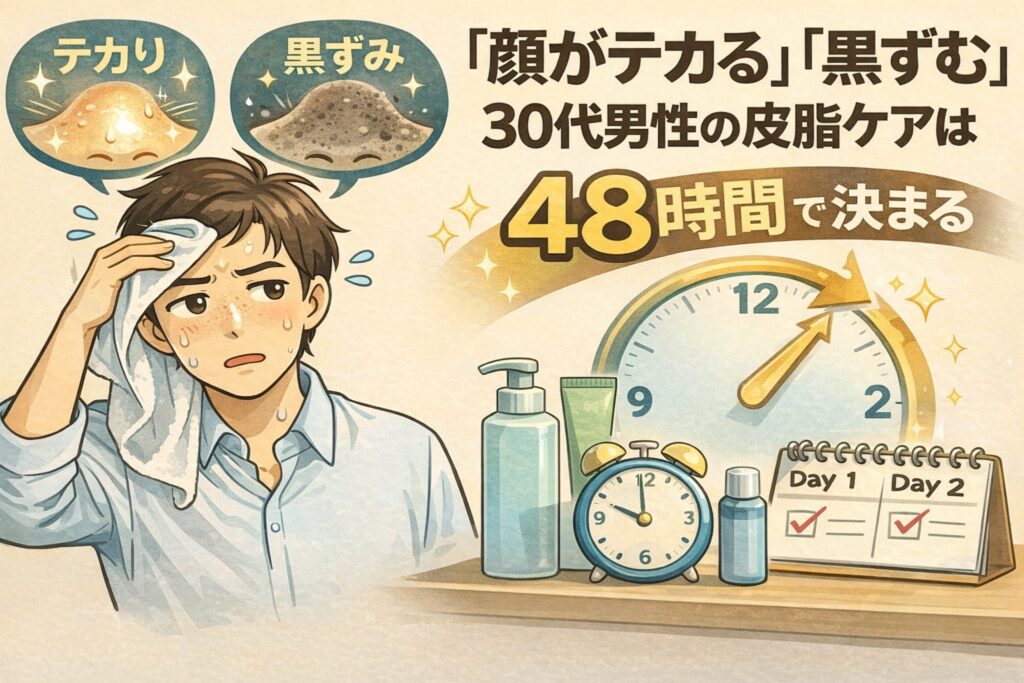 「顔がテカる」「黒ずむ」と悩む30代男性の皮脂ケアは48時間で決まることを解説するイラスト。汗を拭く男性の表情と、テカリ・黒ずみを示す吹き出し、時計とスキンケア用品、Day1・Day2のカレンダーで48時間ルールを視覚化し、皮脂ケアのタイミングの重要性を伝えている構図。