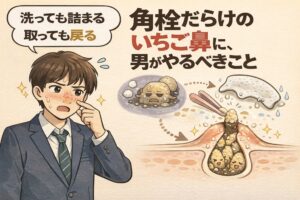 洗っても詰まり、取ってもすぐ戻る男性のいちご鼻が、角栓の蓄積によって起きていることを説明したイラスト。悩む男性の表情とともに、毛穴断面で角栓が押し出される様子と、誤った対処では再発する構造を図解している。