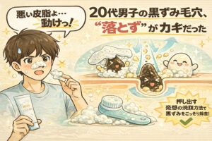 20代男性の黒ずみ毛穴をテーマに、鼻の黒ずみに悩む男性が洗顔料とブラシでケアする様子を描いた図解イラスト。「悪い皮脂は動かす」「落とすことがカギ」という考え方のもと、押し出さずに洗顔で皮脂や角栓を動かして除去する発想を、毛穴断面図と擬人化キャラクターで分かりやすく説明している