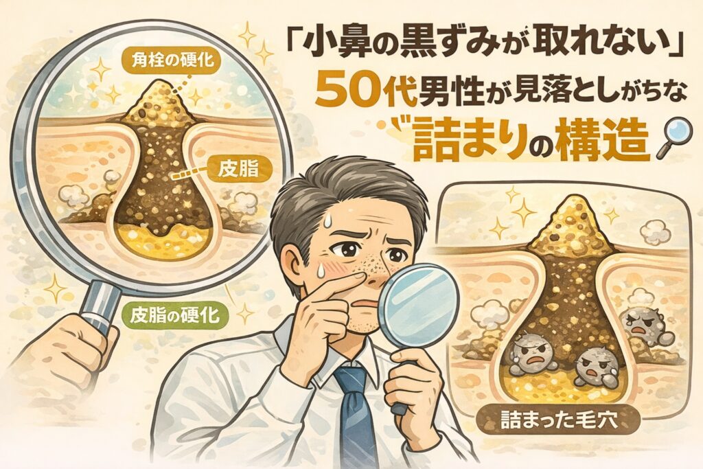 50代男性の小鼻の黒ずみが取れにくい理由を、毛穴の詰まり構造で解説したイラスト。皮脂と角栓が硬化した毛穴断面と、鏡で小鼻を確認する男性の様子が描かれている。