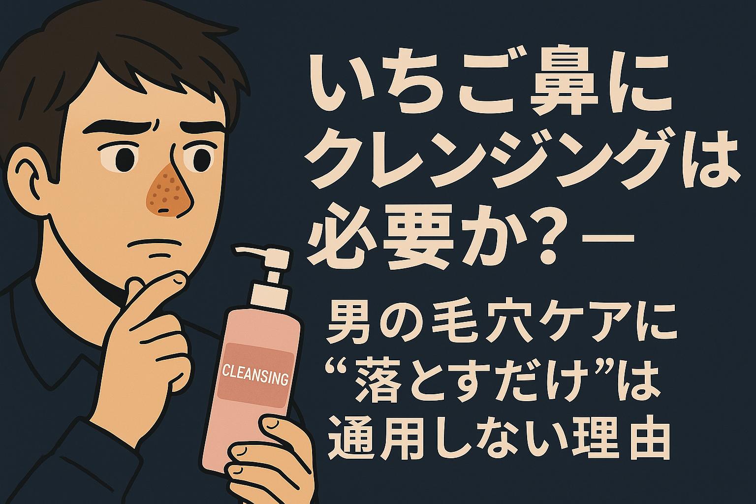 ピンク色のクレンジングボトルを持つ男性が、いちご鼻に悩みながら必要性を考えるような表情をしている。日本語テキストが右側に配置され、“落とすだけ”ケアの限界を訴求するビジュアル構成。