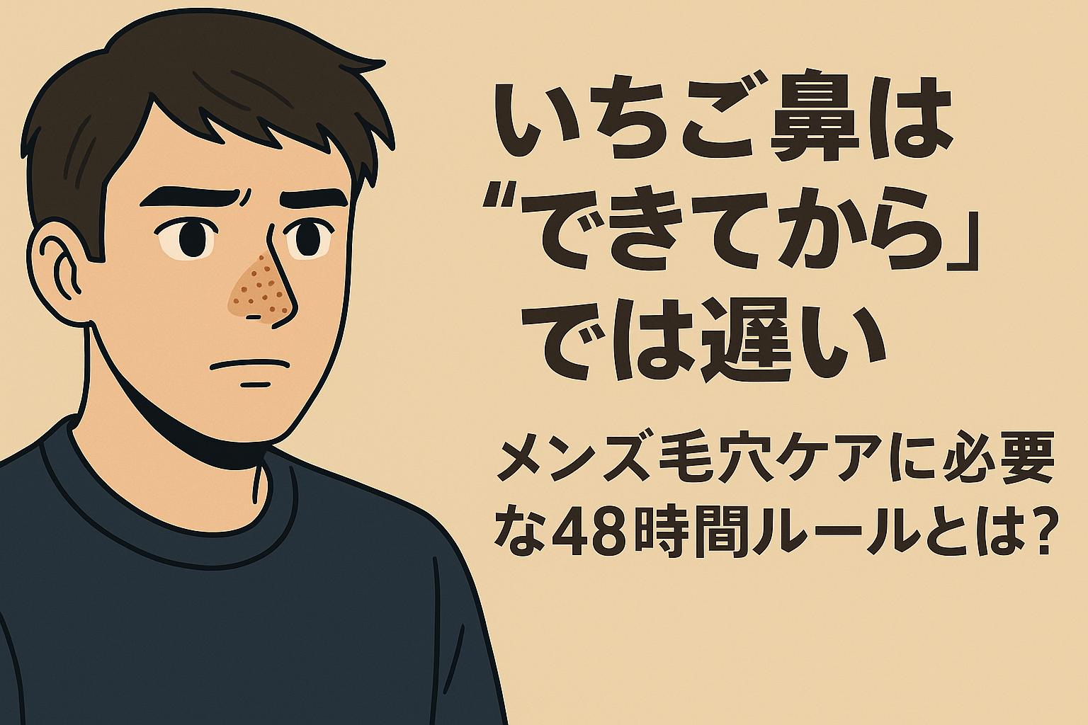 ベージュ背景に、48時間以内の毛穴ケアの重要性を伝える日本語テキスト。ストロベリーノーズに悩む男性が真剣な表情で立っている、シンプルで訴求力あるビジュアル。