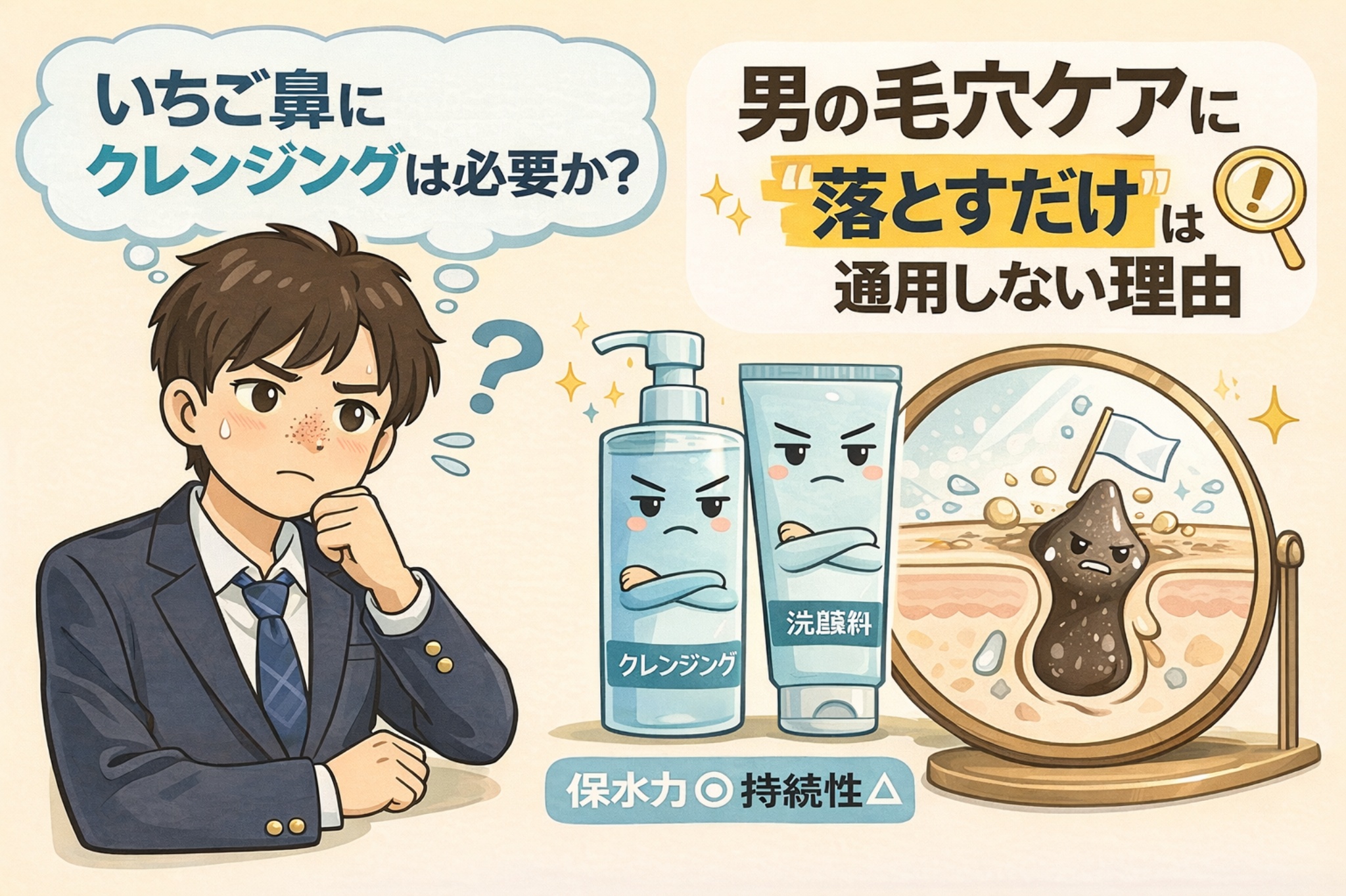 スーツ姿の男性がいちご鼻に悩む表情で考え込み、「いちご鼻にクレンジングは必要か？」という疑問を示す吹き出しとともに、クレンジングと洗顔料の比較、毛穴断面に詰まった角栓の図解を通して、男性の毛穴ケアでは「落とすだけ」が通用しない理由を解説しているイラスト